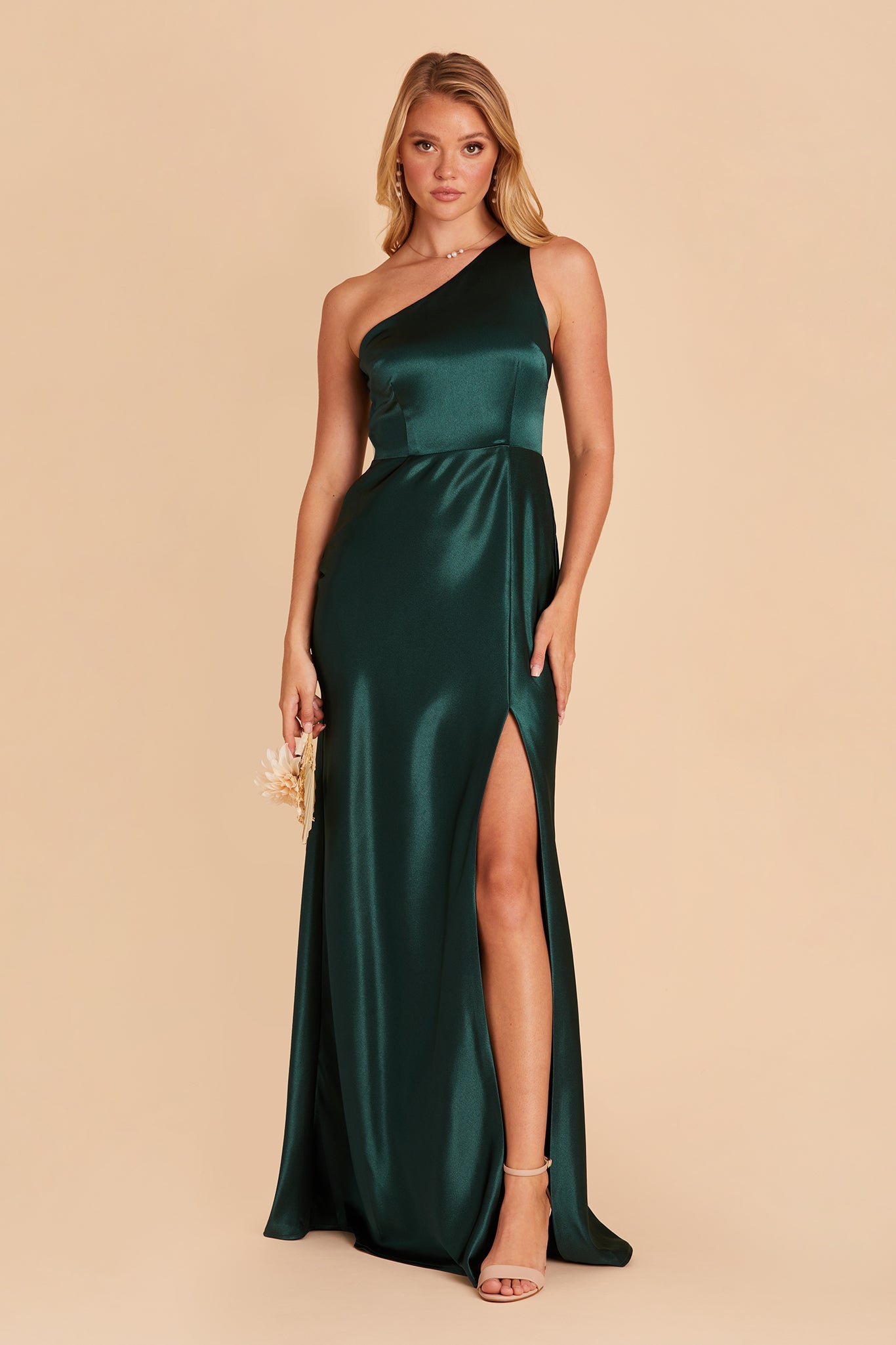 Kira bridesmaid dress with slit in emerald satin by Birdy Grey, front view