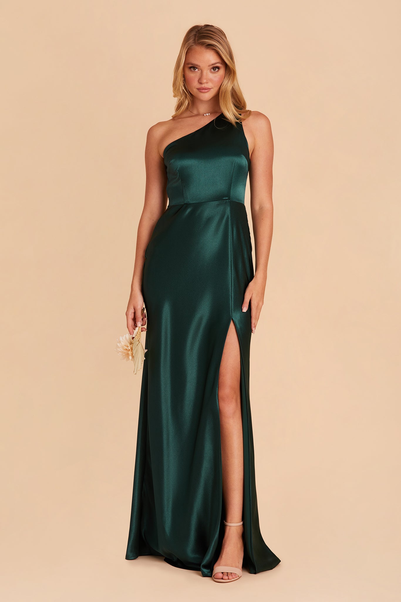 Kira bridesmaid dress with slit in emerald satin by Birdy Grey, front view