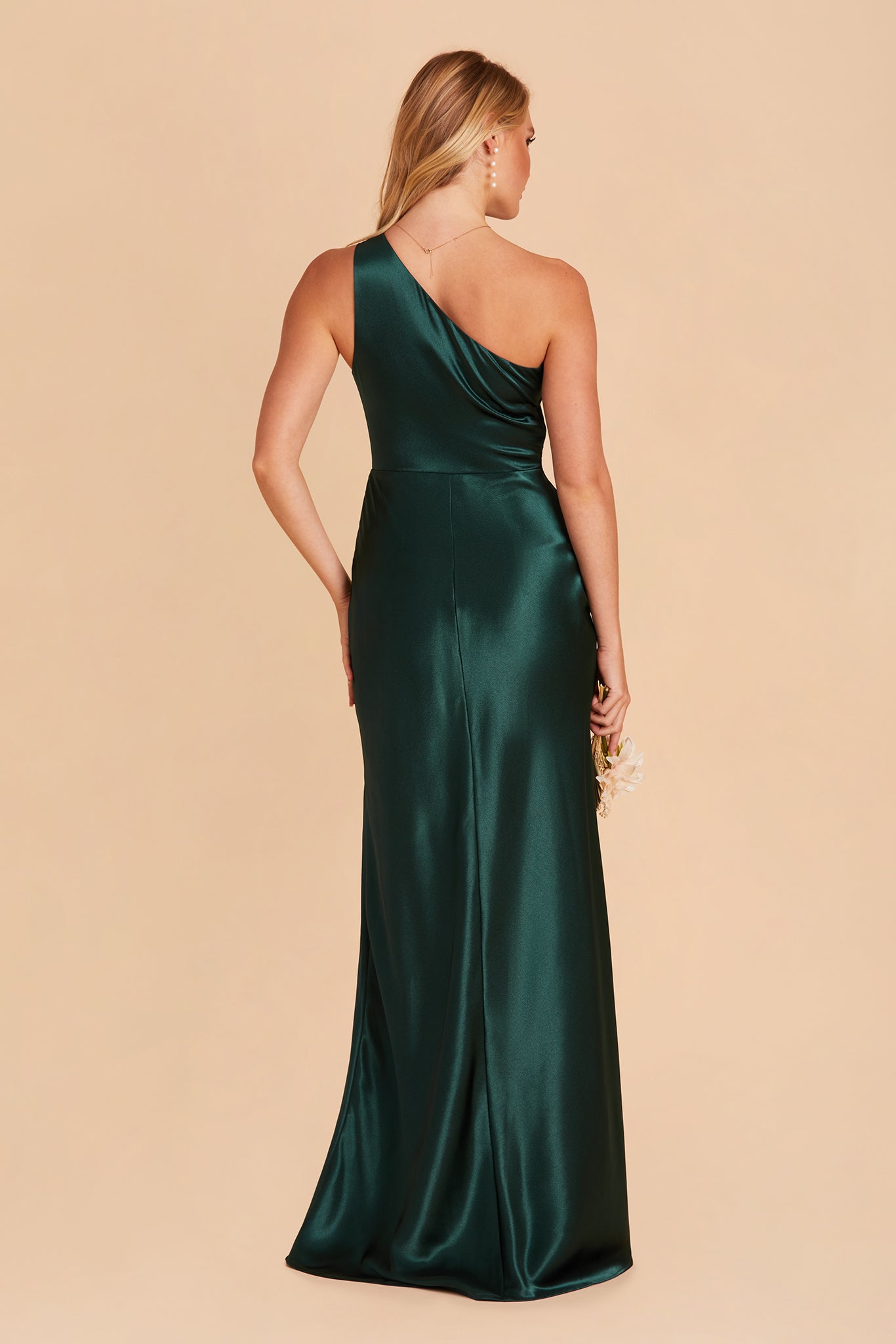 Kira bridesmaid dress with slit in emerald satin by Birdy Grey, back view