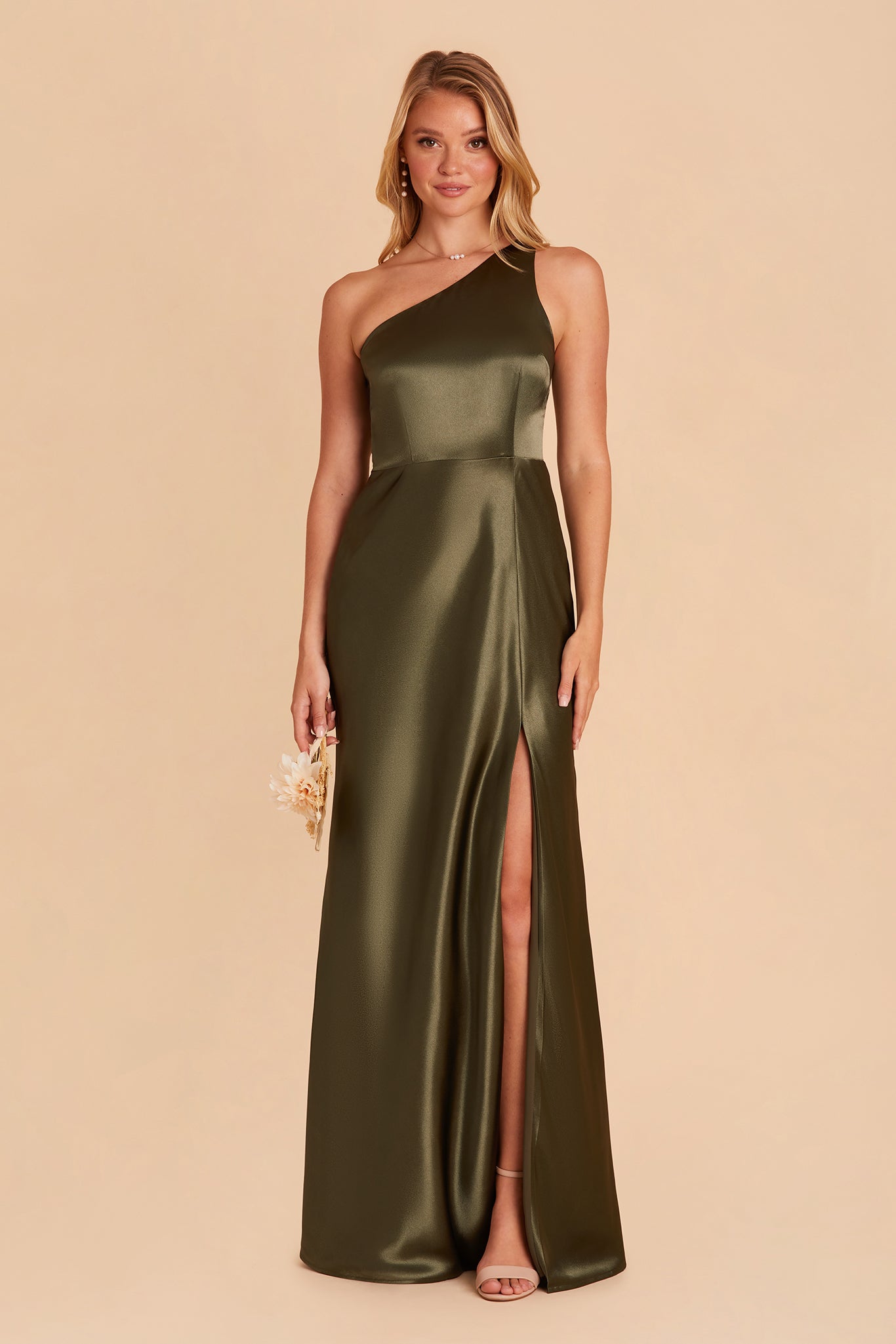 Kira bridesmaid dress with slit in olive satin by Birdy Grey, front view