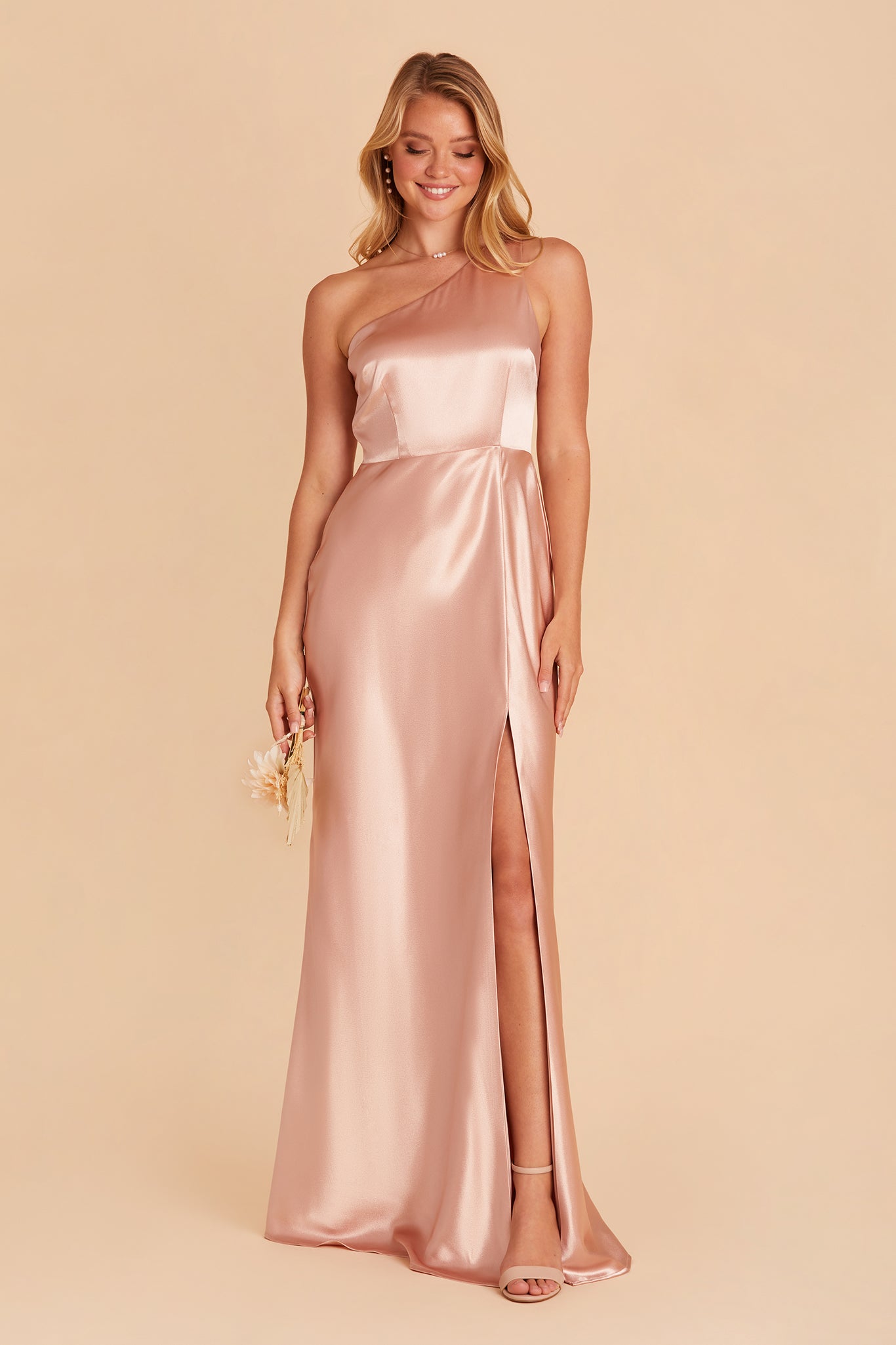 Kira bridesmaid dress with slit in rose gold satin by Birdy Grey, front view