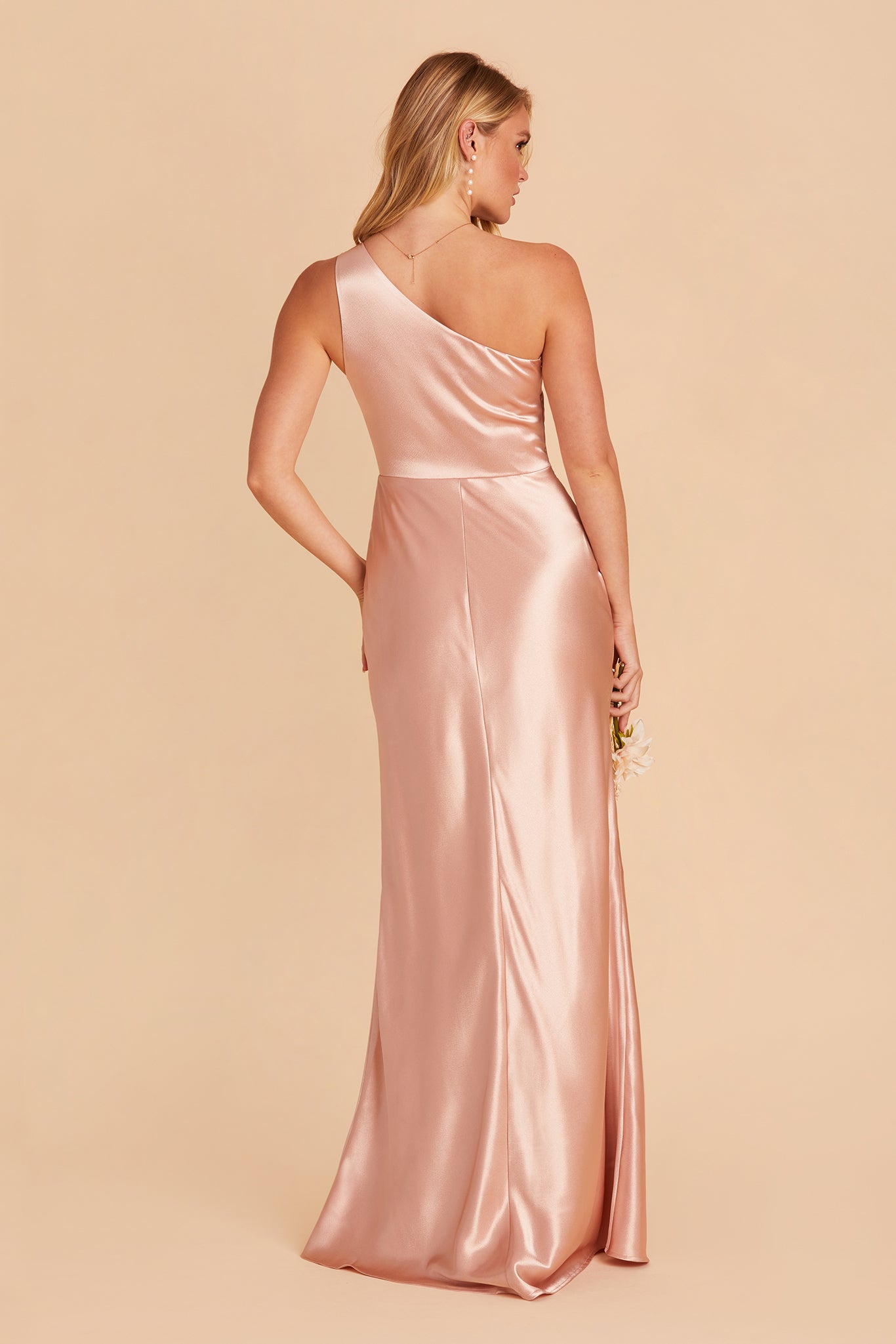 Kira bridesmaid dress with slit in rose gold satin by Birdy Grey, back view