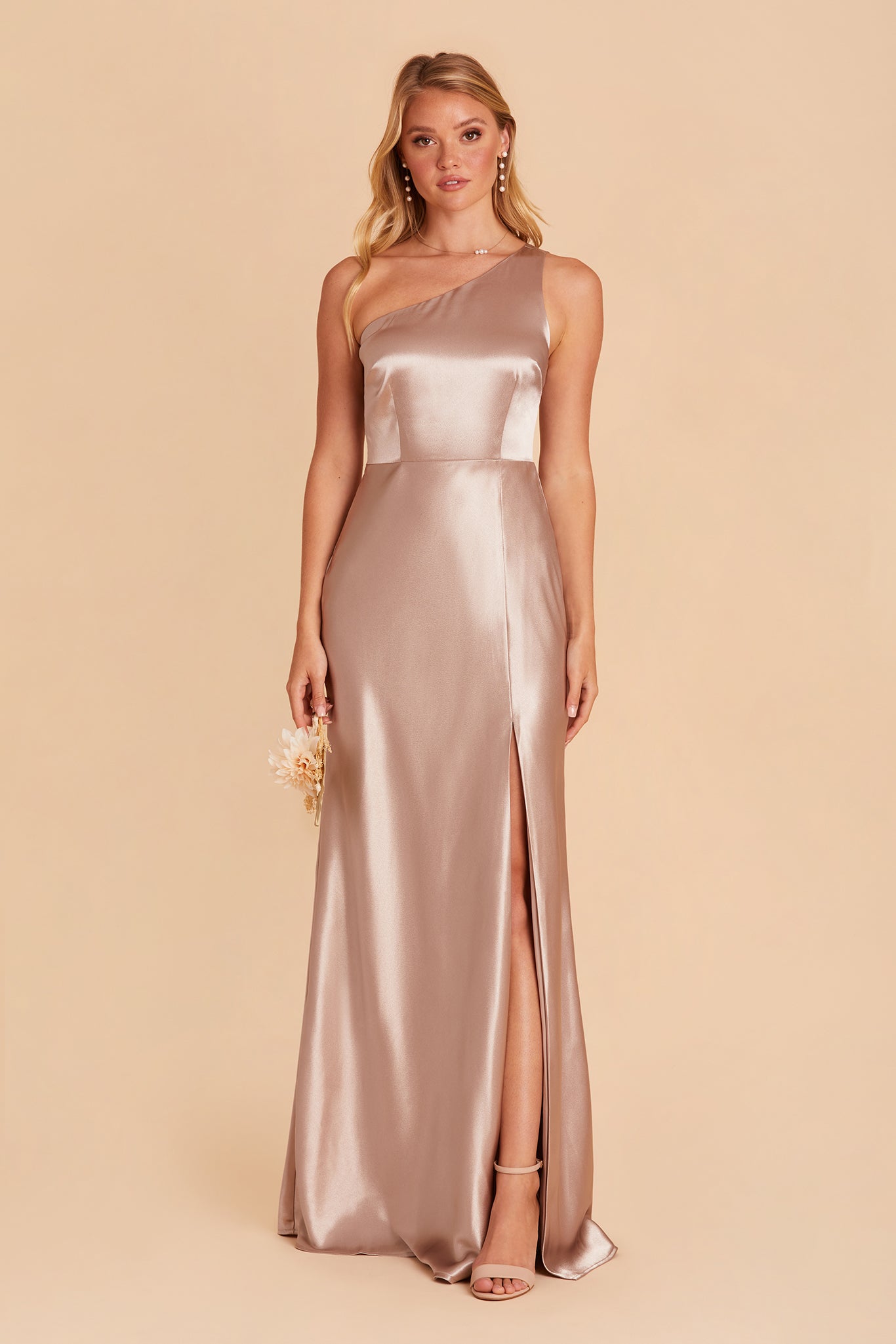 Kira bridesmaid dress with slit in taupe satin by Birdy Grey, front view