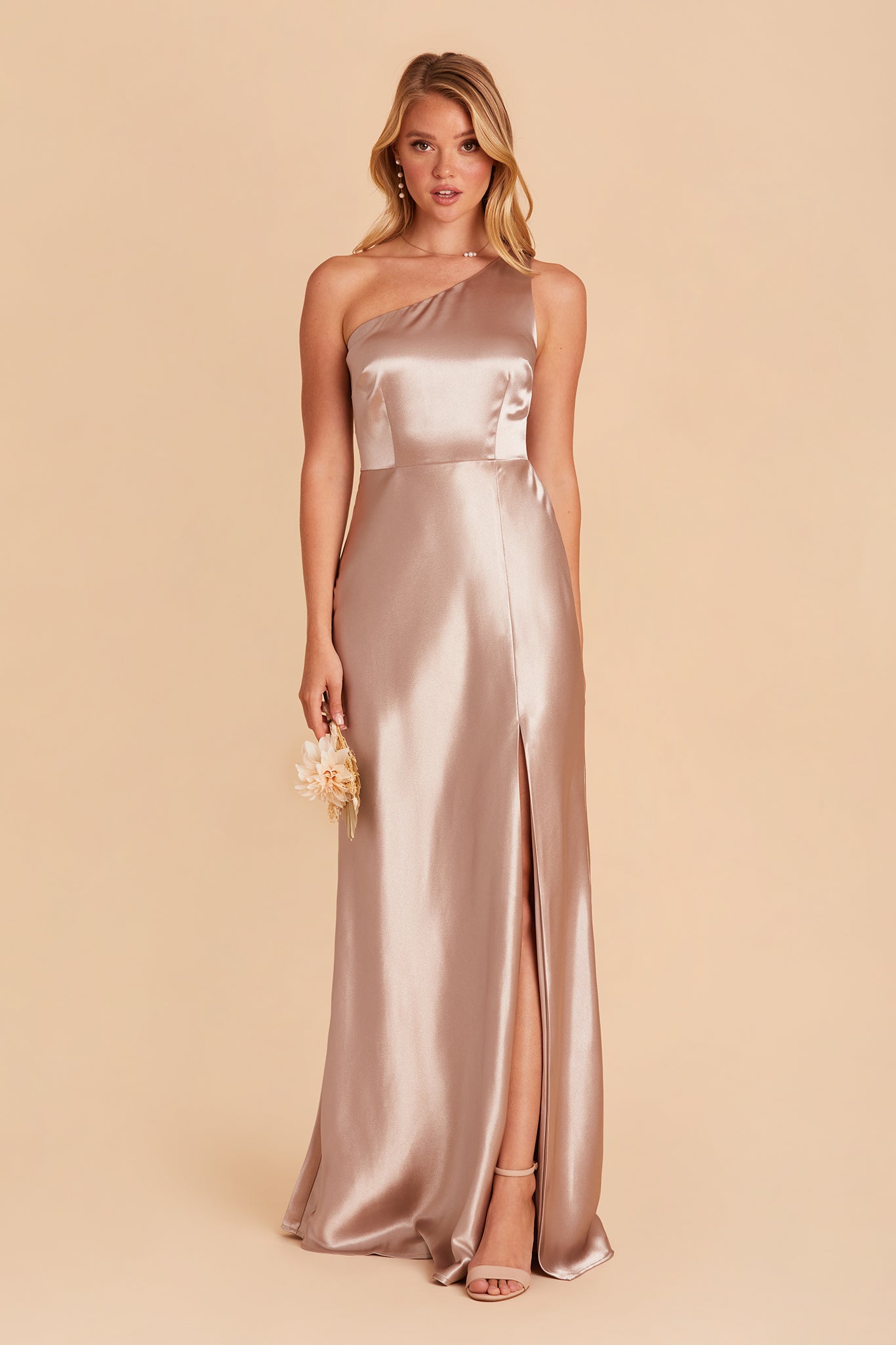 Kira bridesmaid dress with slit in taupe satin by Birdy Grey, front view