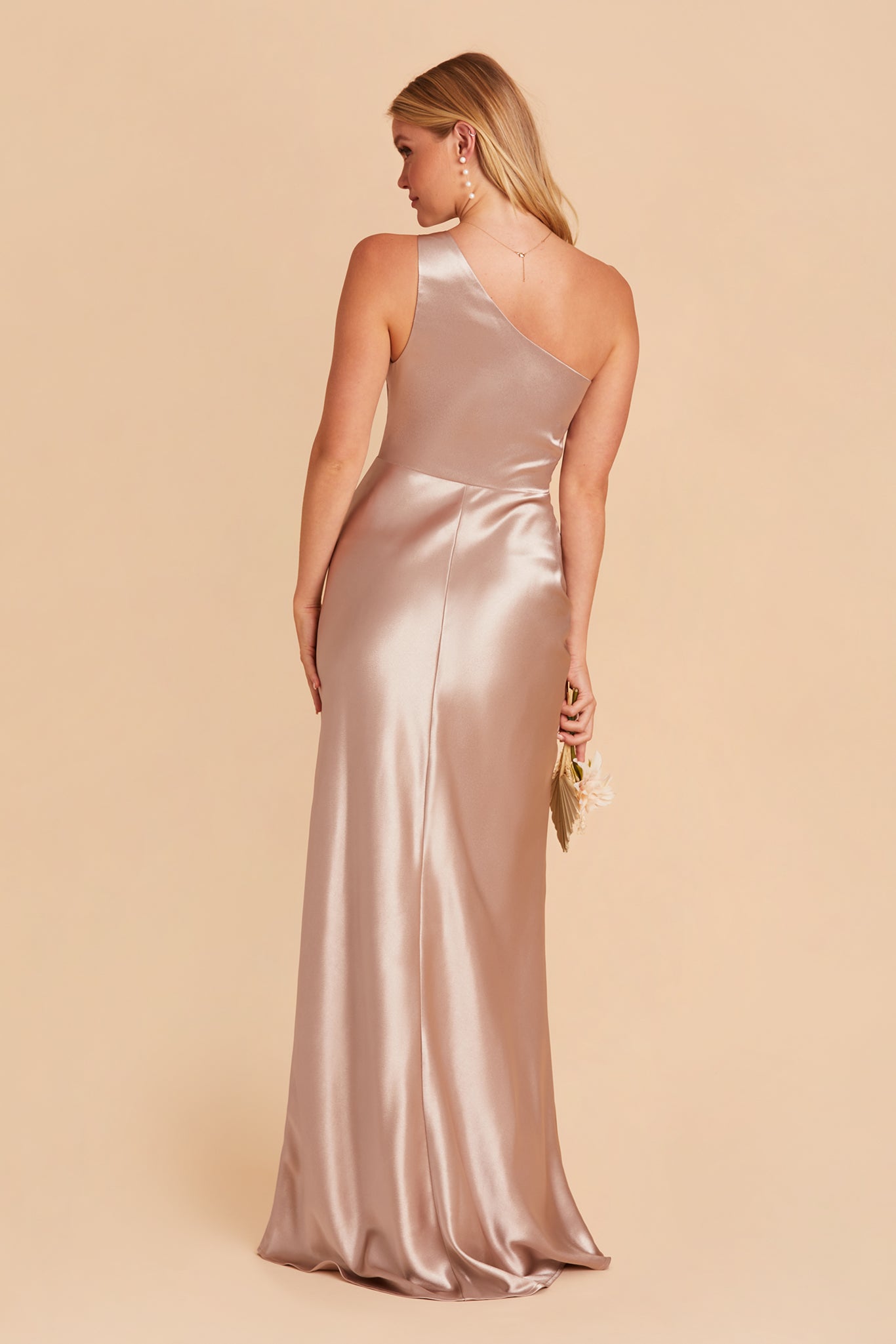Kira bridesmaid dress with slit in taupe satin by Birdy Grey, back view