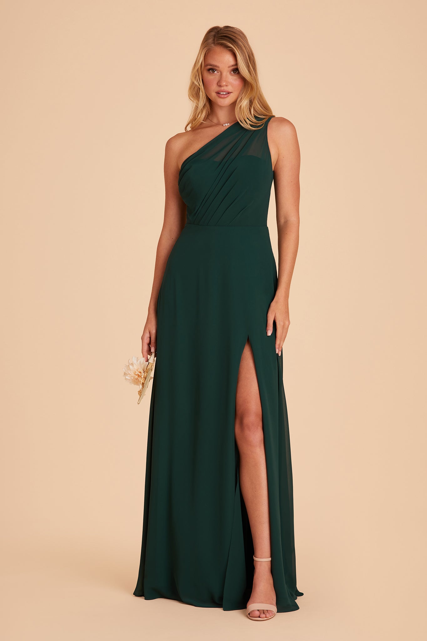 Kira bridesmaid dress with slit in emerald chiffon by Birdy Grey, front view