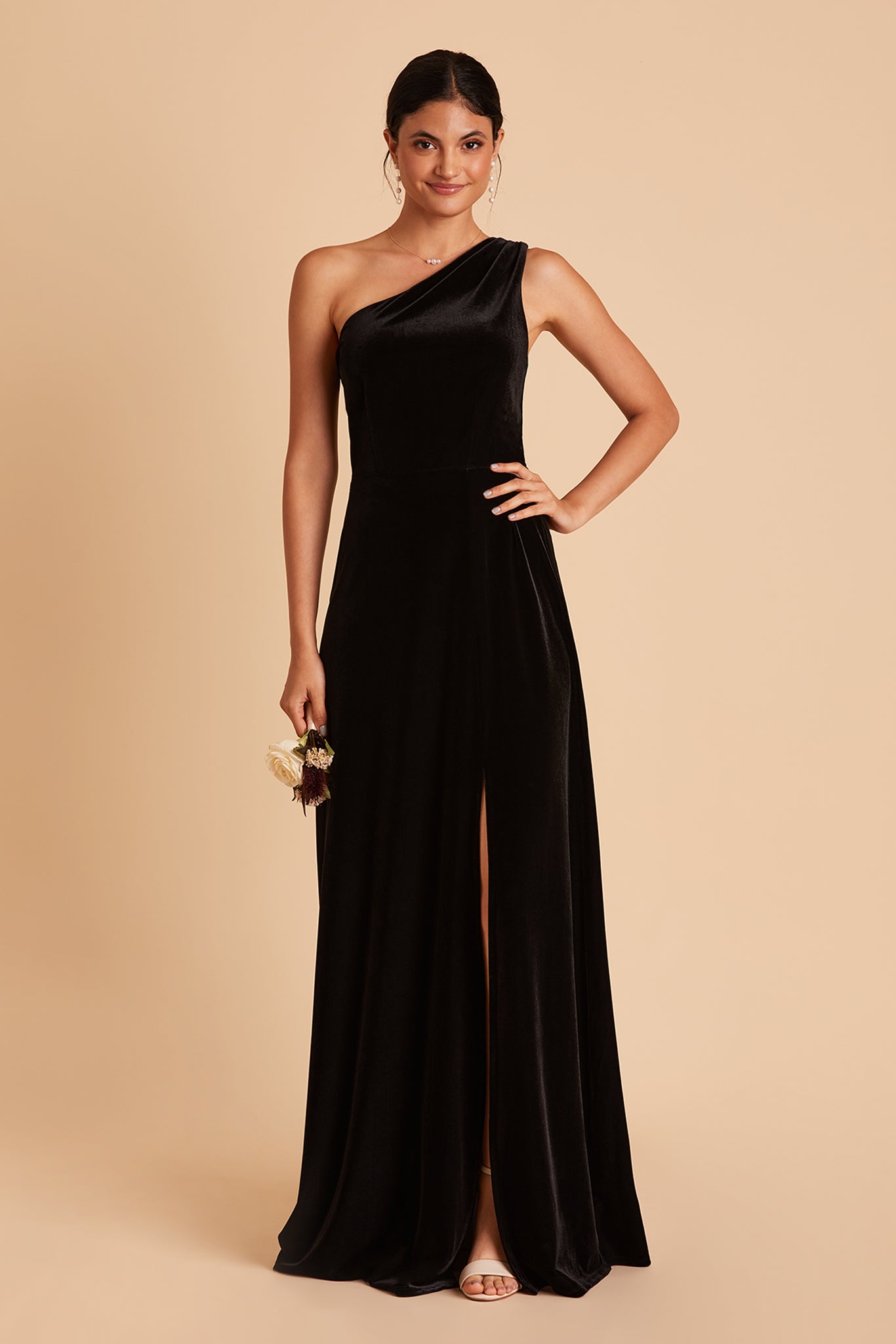 Kira bridesmaid dress with slit in black velvet by Birdy Grey, front view