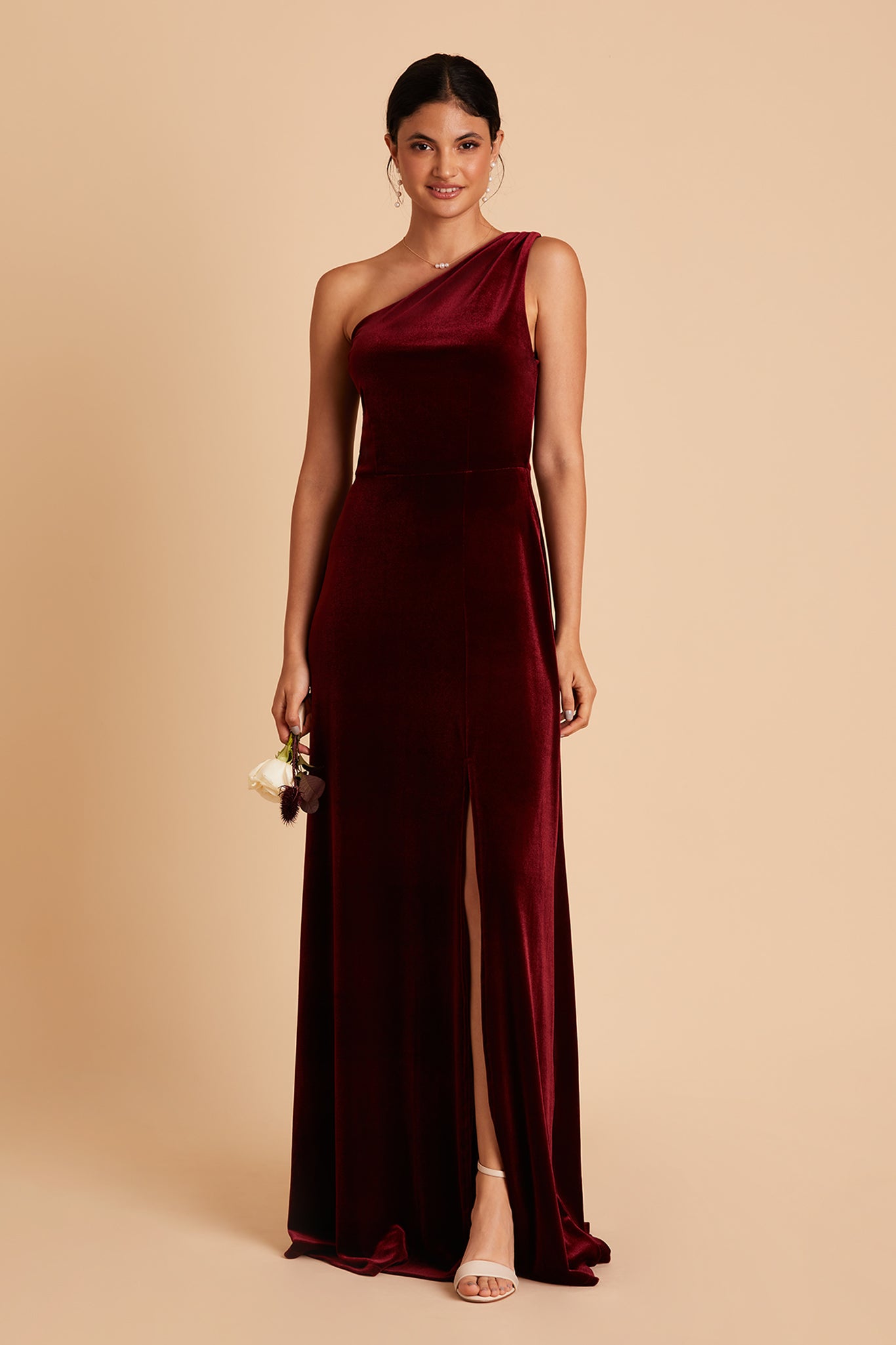 Kira bridesmaid dress with slit in cabernet by Birdy Grey, front view