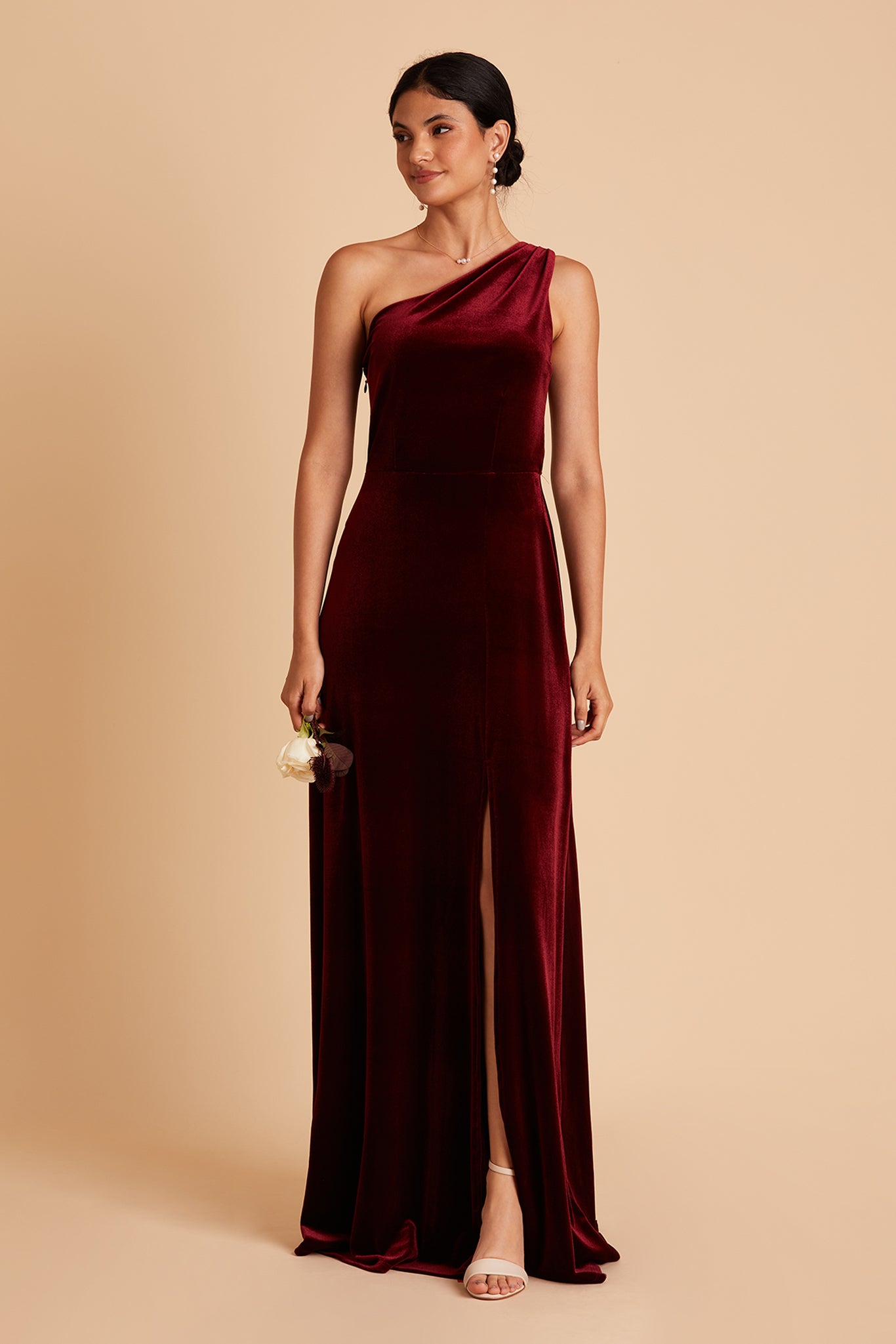 Kira bridesmaid dress with slit in cabernet by Birdy Grey, front view