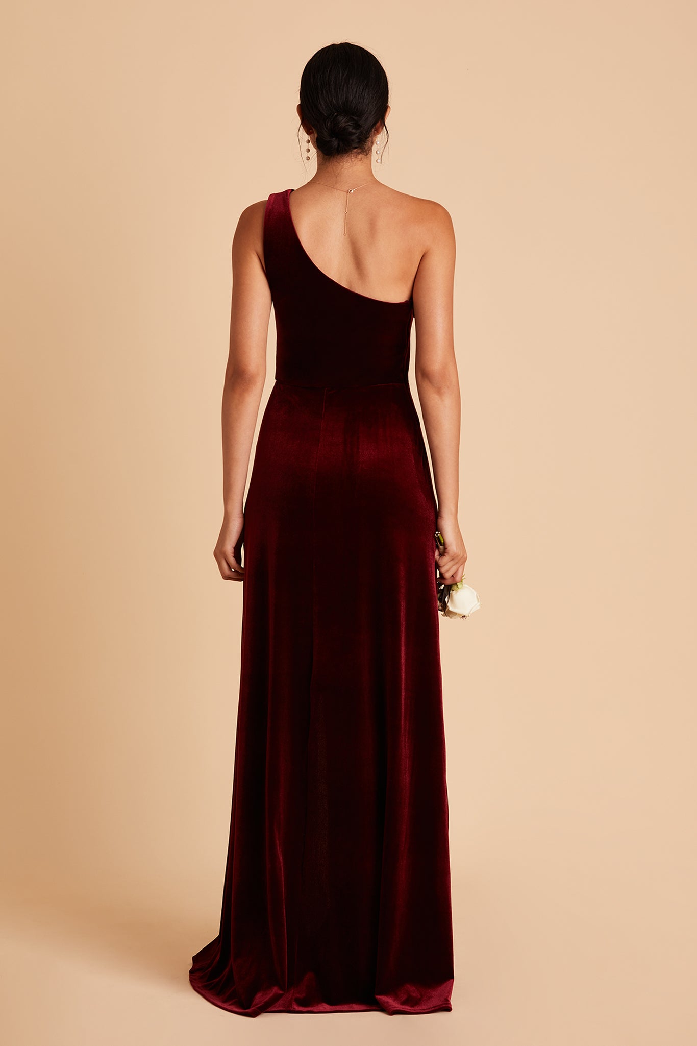 Kira bridesmaid dress with slit in cabernet by Birdy Grey, back view