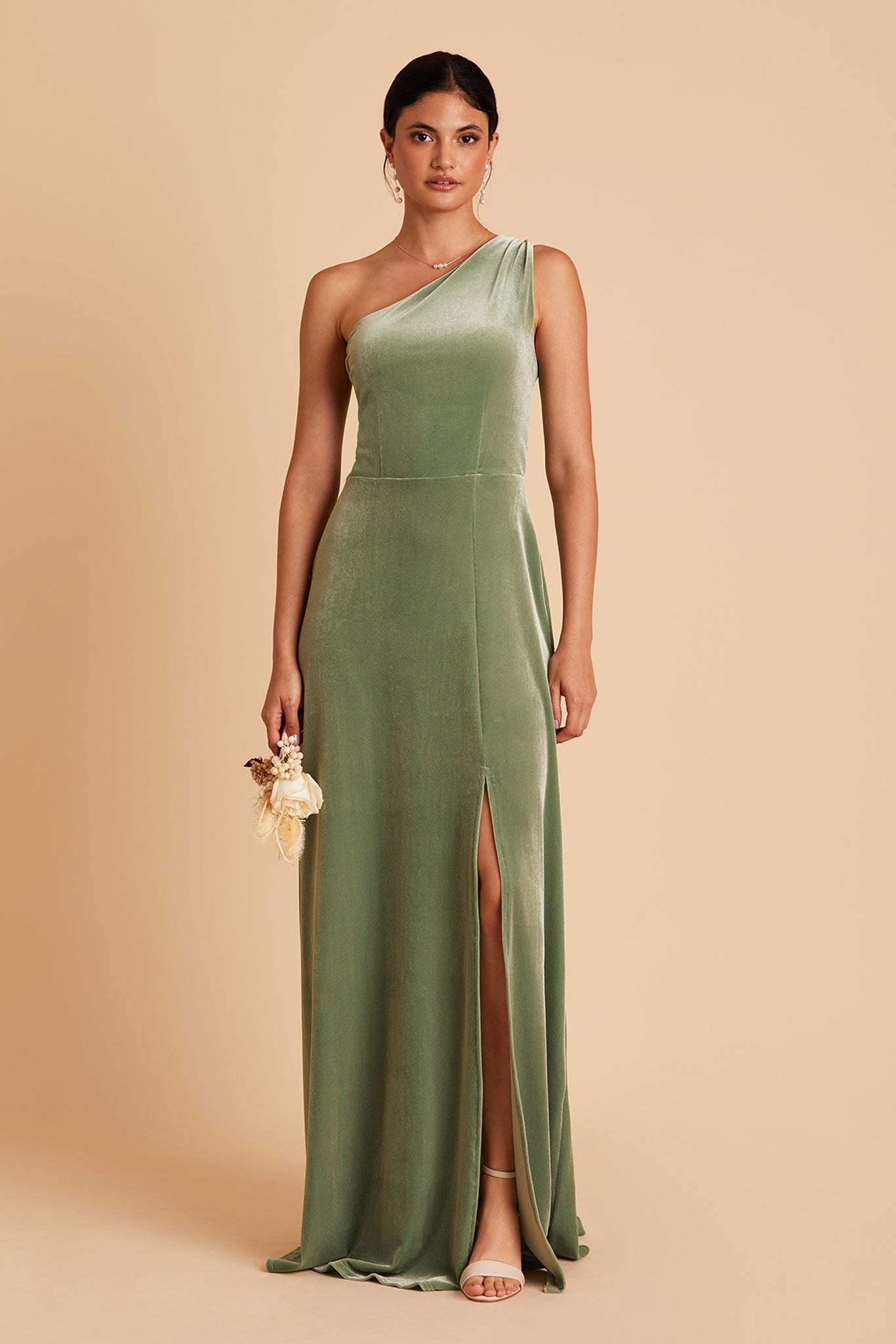 Kira bridesmaid dress with slit in dark sage by Birdy Grey, front view