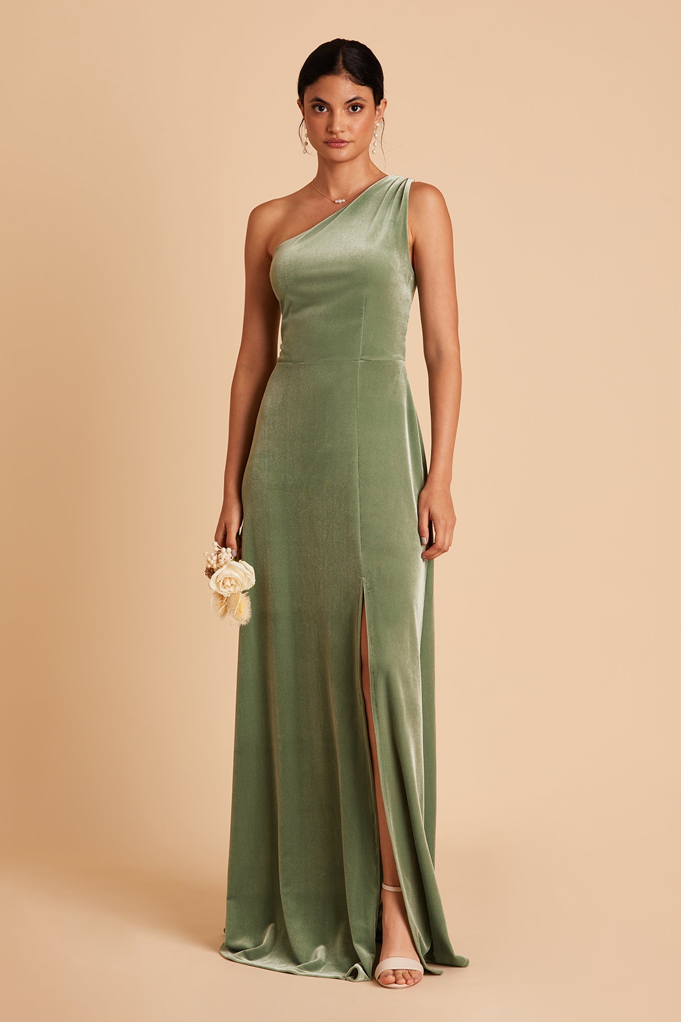 Kira bridesmaid dress with slit in dark sage by Birdy Grey, front view