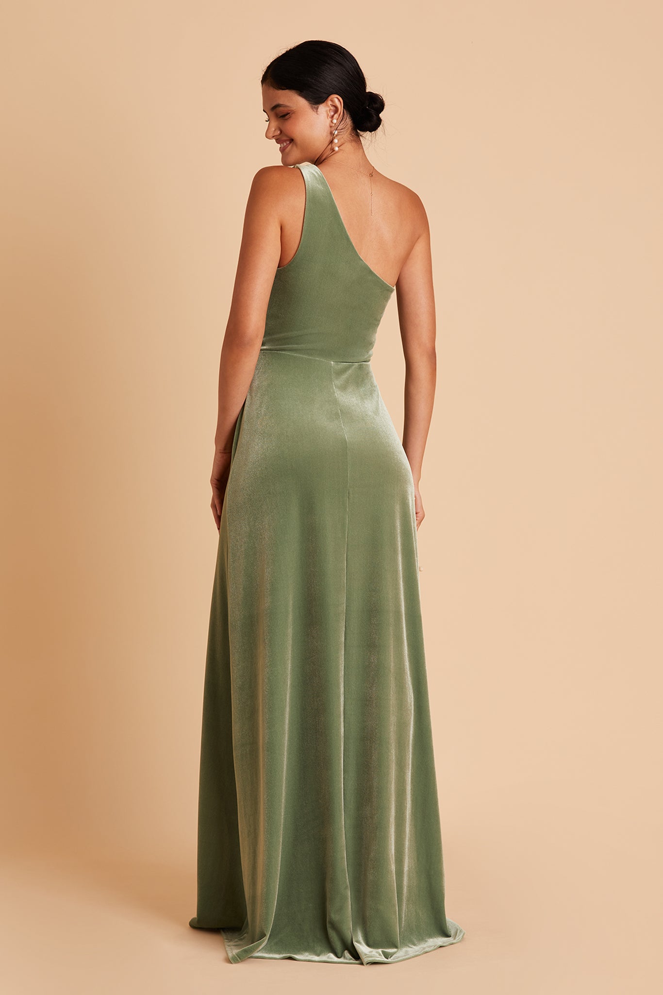 Kira bridesmaid dress with slit in dark sage by Birdy Grey, back view