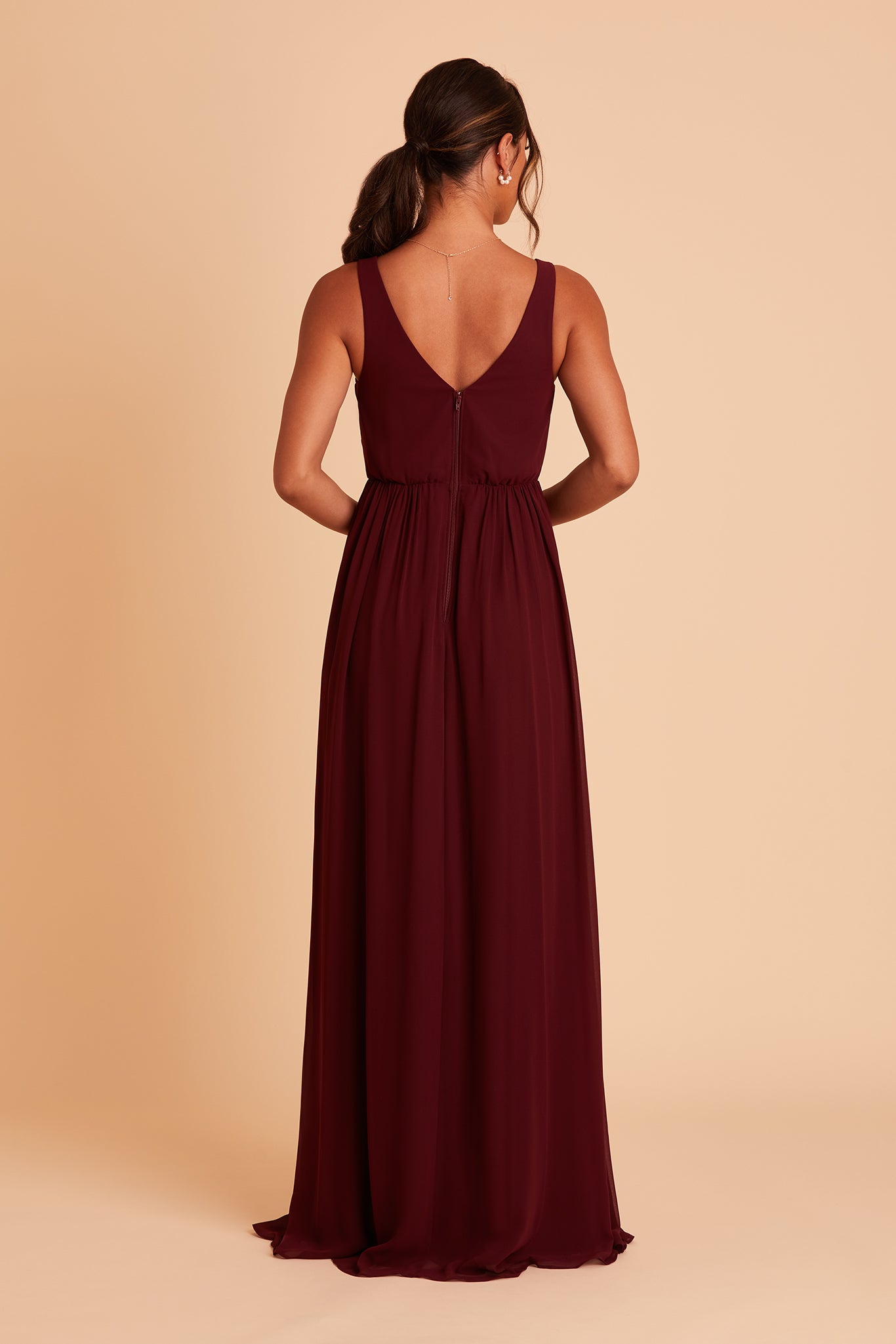 Laurie Empire bridesmaid dress with slit in cabernet chiffon by Birdy Grey, back view