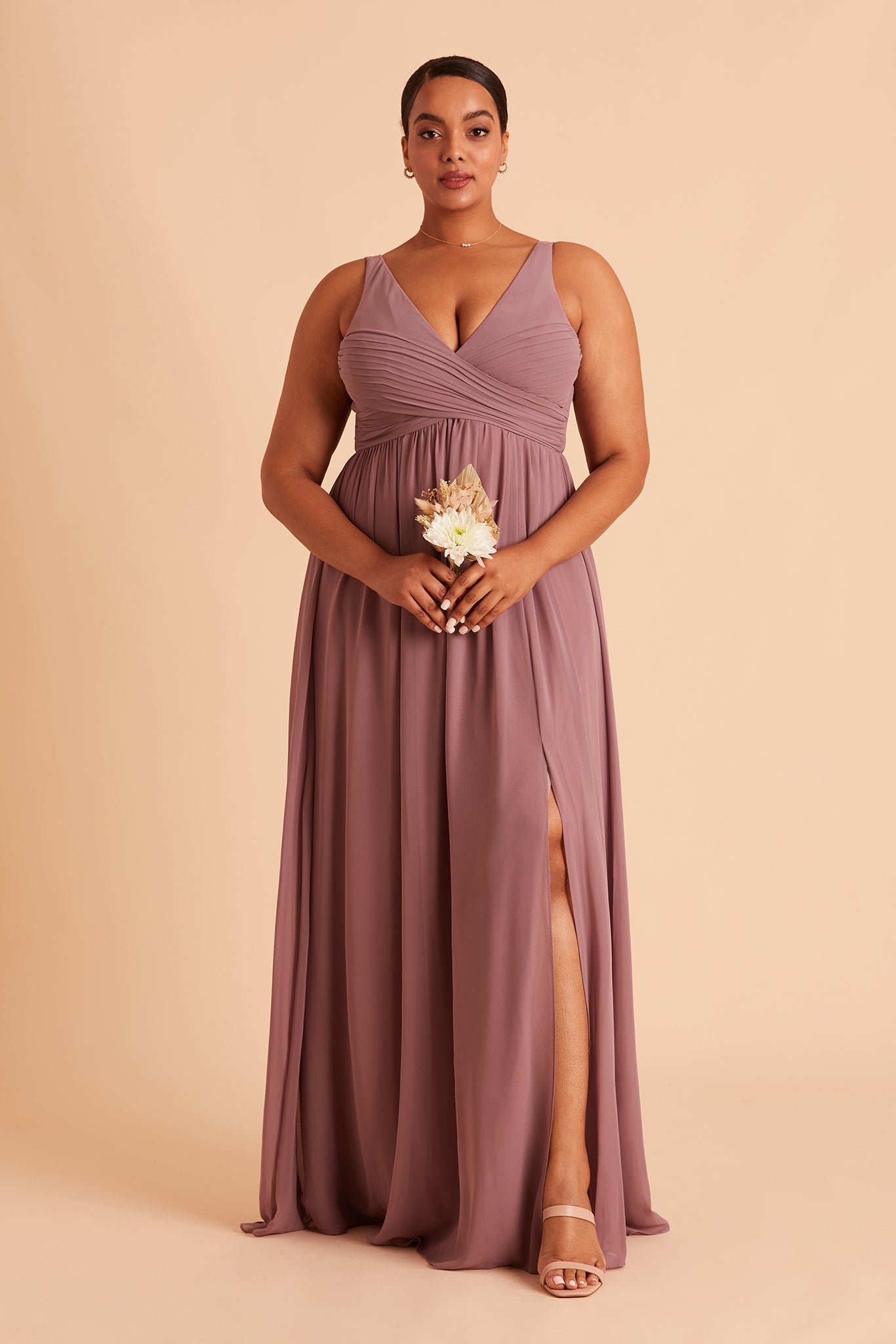 Laurie Empire plus size maternity bridesmaid dress with slit in dark mauve chiffon by Birdy Grey, front view