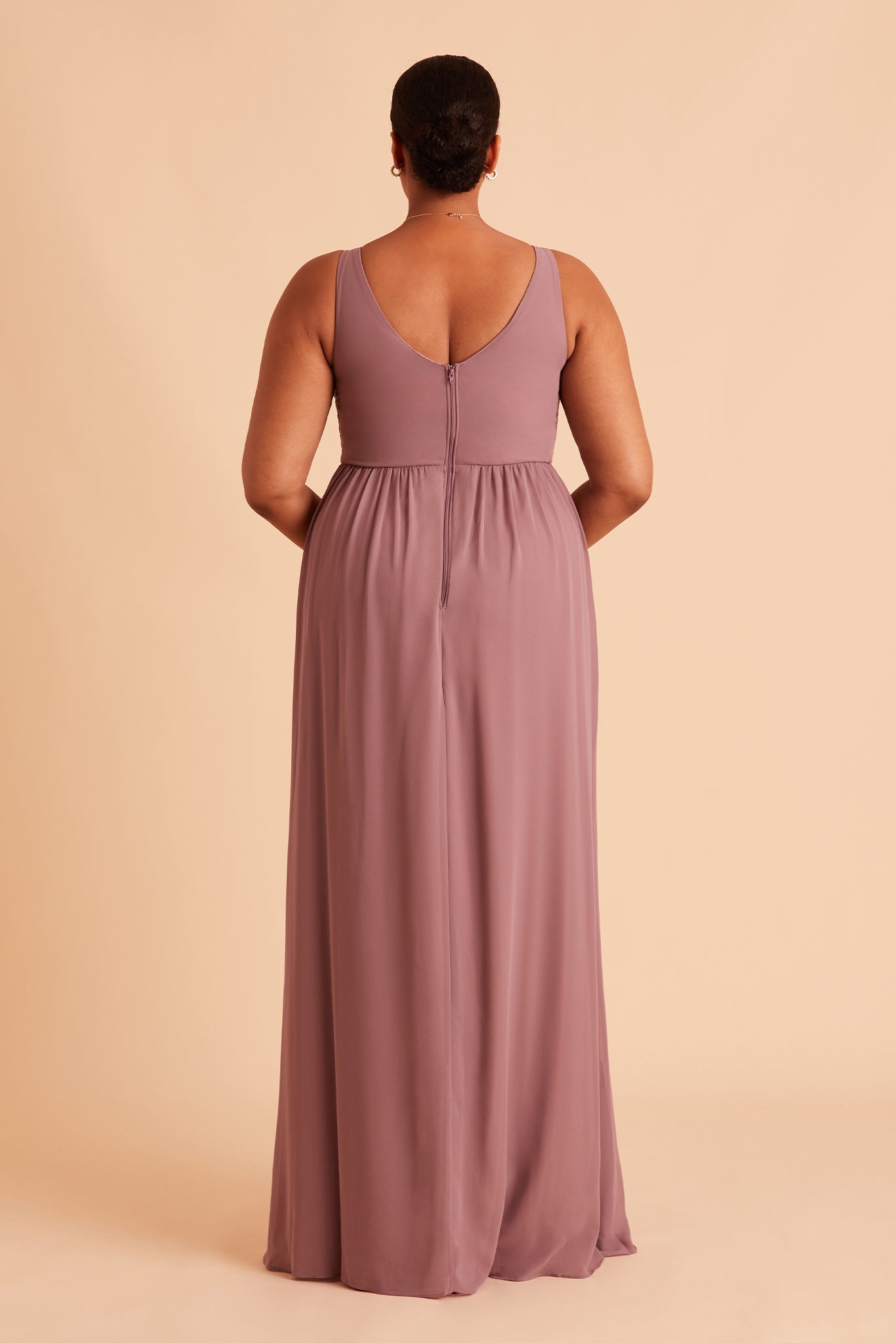 Laurie Empire plus size maternity bridesmaid dress with slit in dark mauve chiffon by Birdy Grey, back view