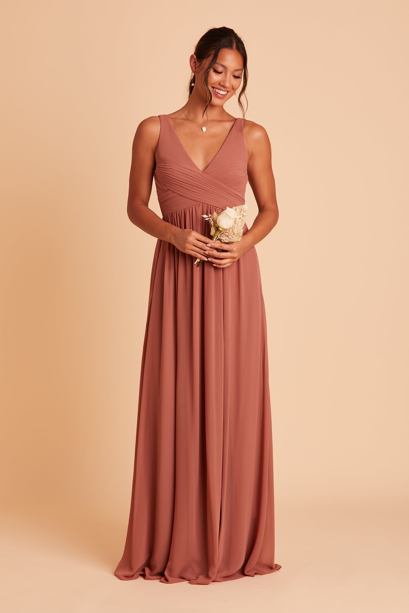 Laurie Empire bridesmaid dress with slit in desert rose chiffon by Birdy Grey, front view