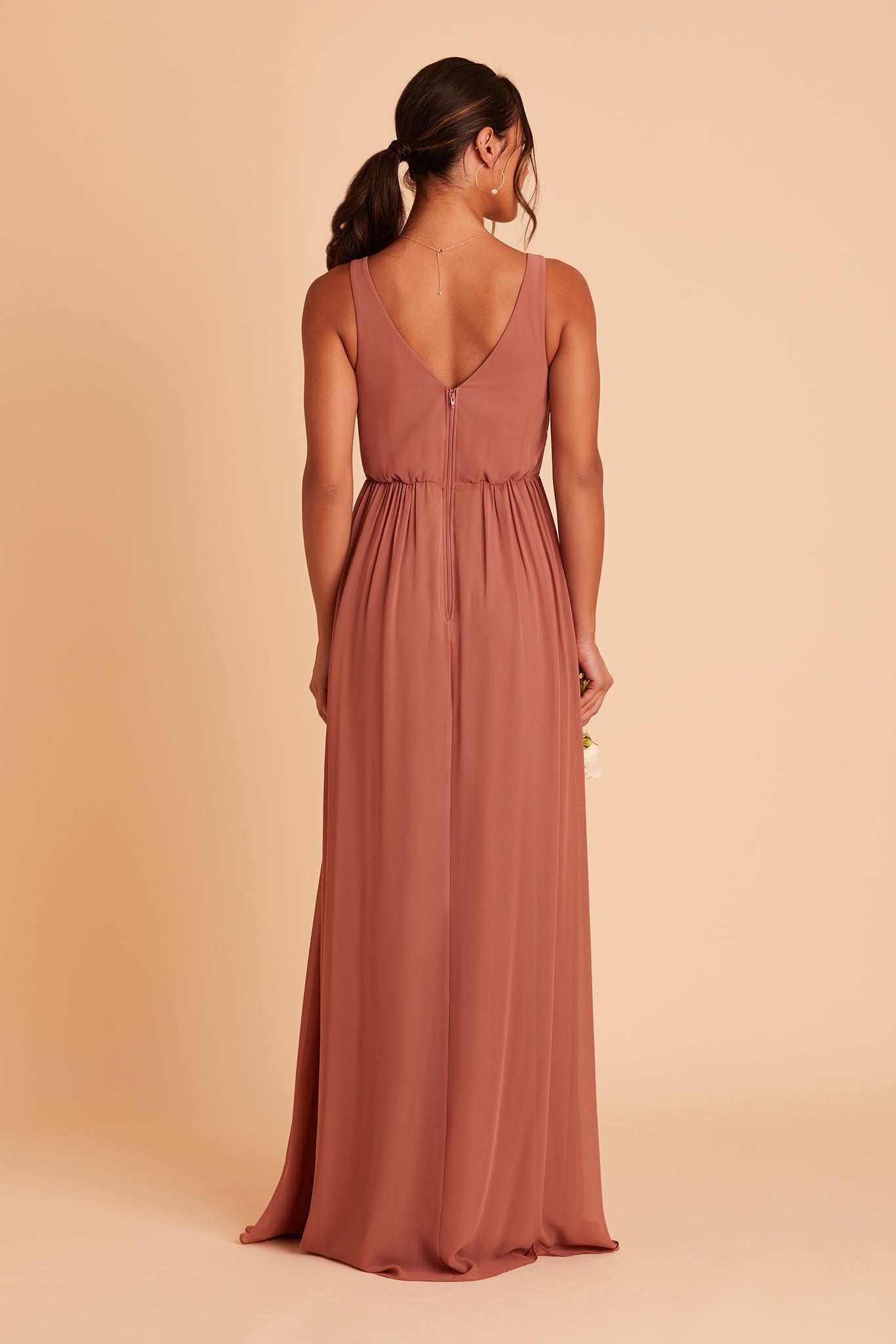 Laurie Empire bridesmaid dress with slit in desert rose chiffon by Birdy Grey, back view