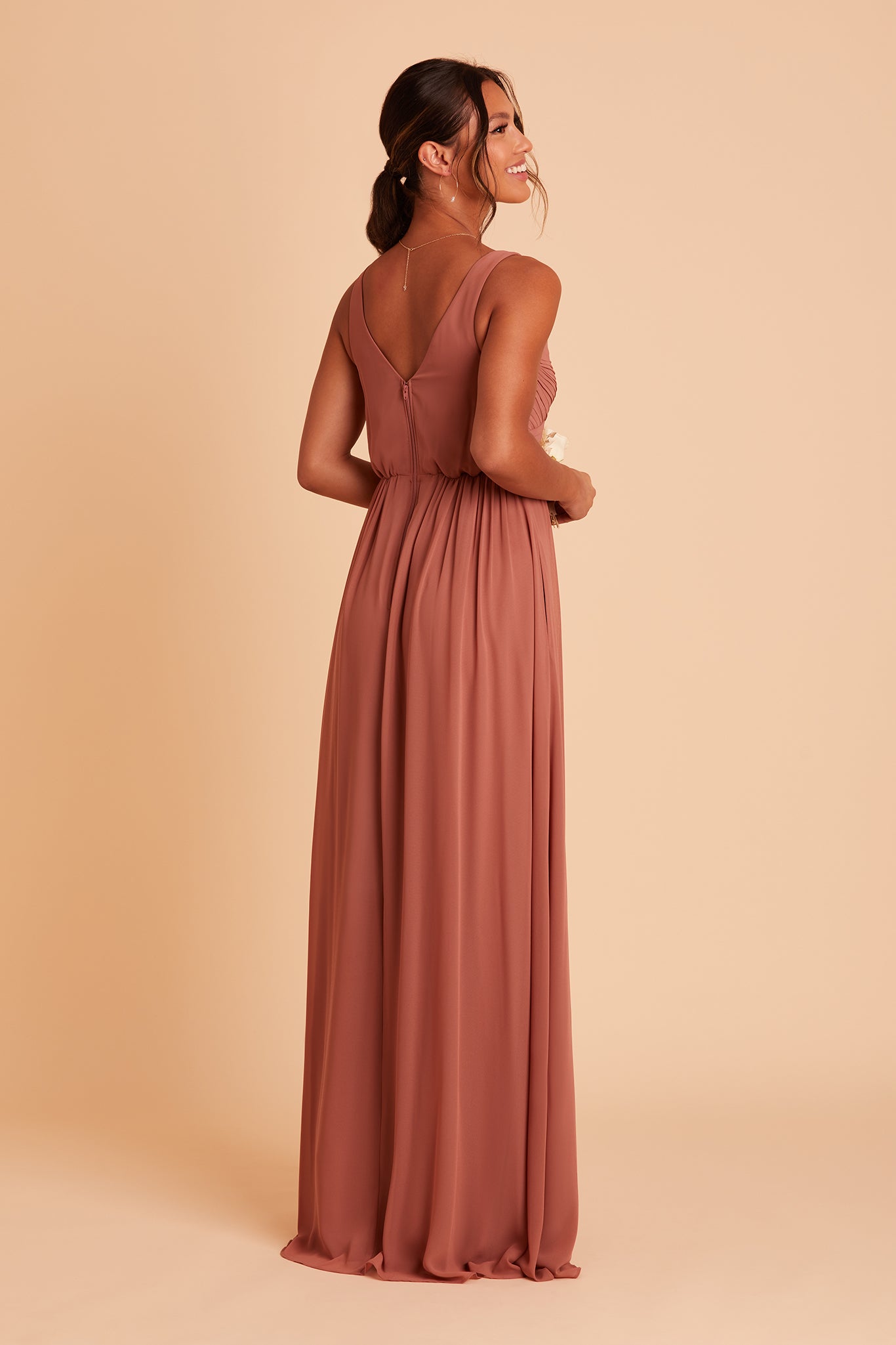 Laurie Empire bridesmaid dress with slit in desert rose chiffon by Birdy Grey, side view