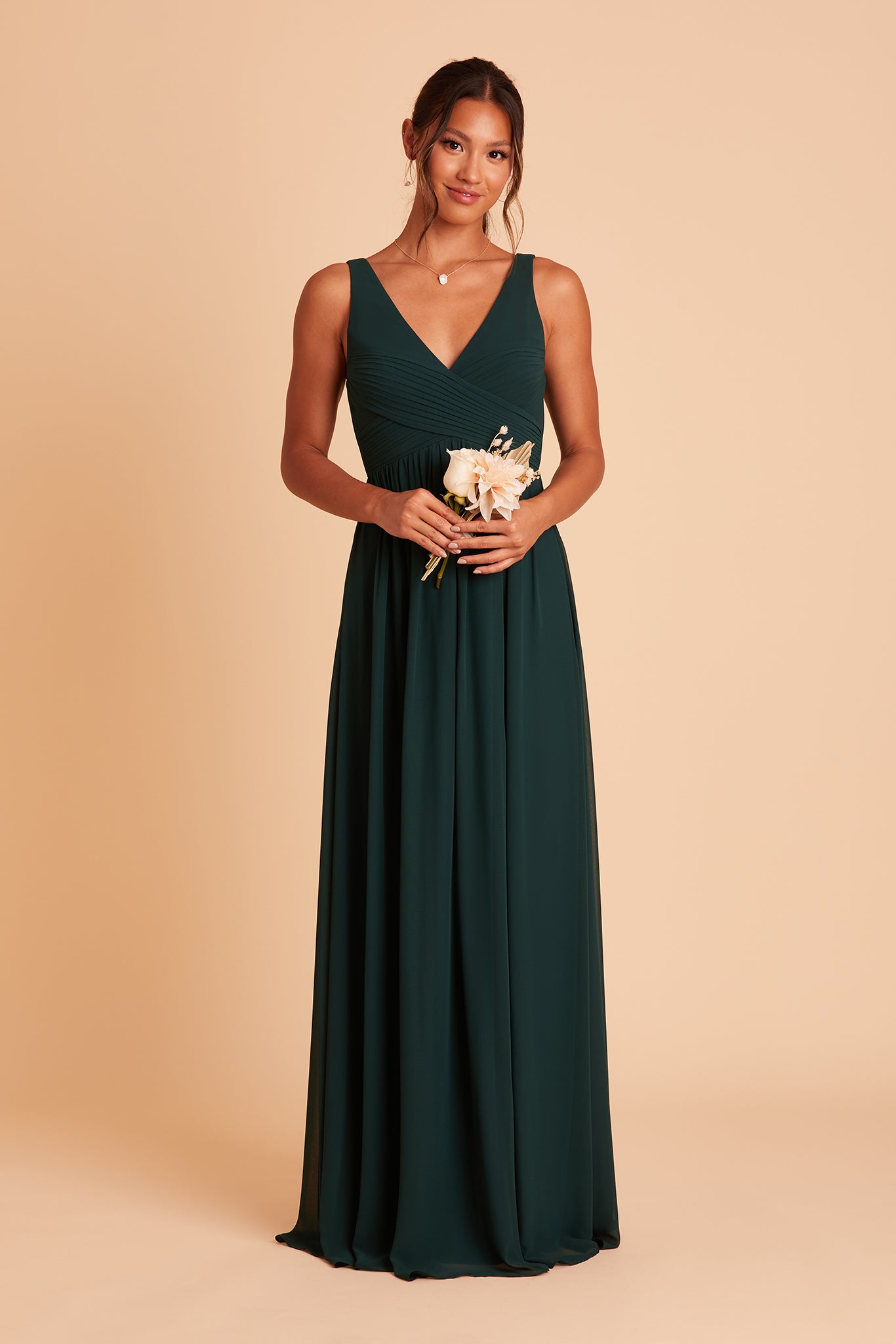 Laurie Empire bridesmaid dress with slit in emerald chiffon by Birdy Grey, front view