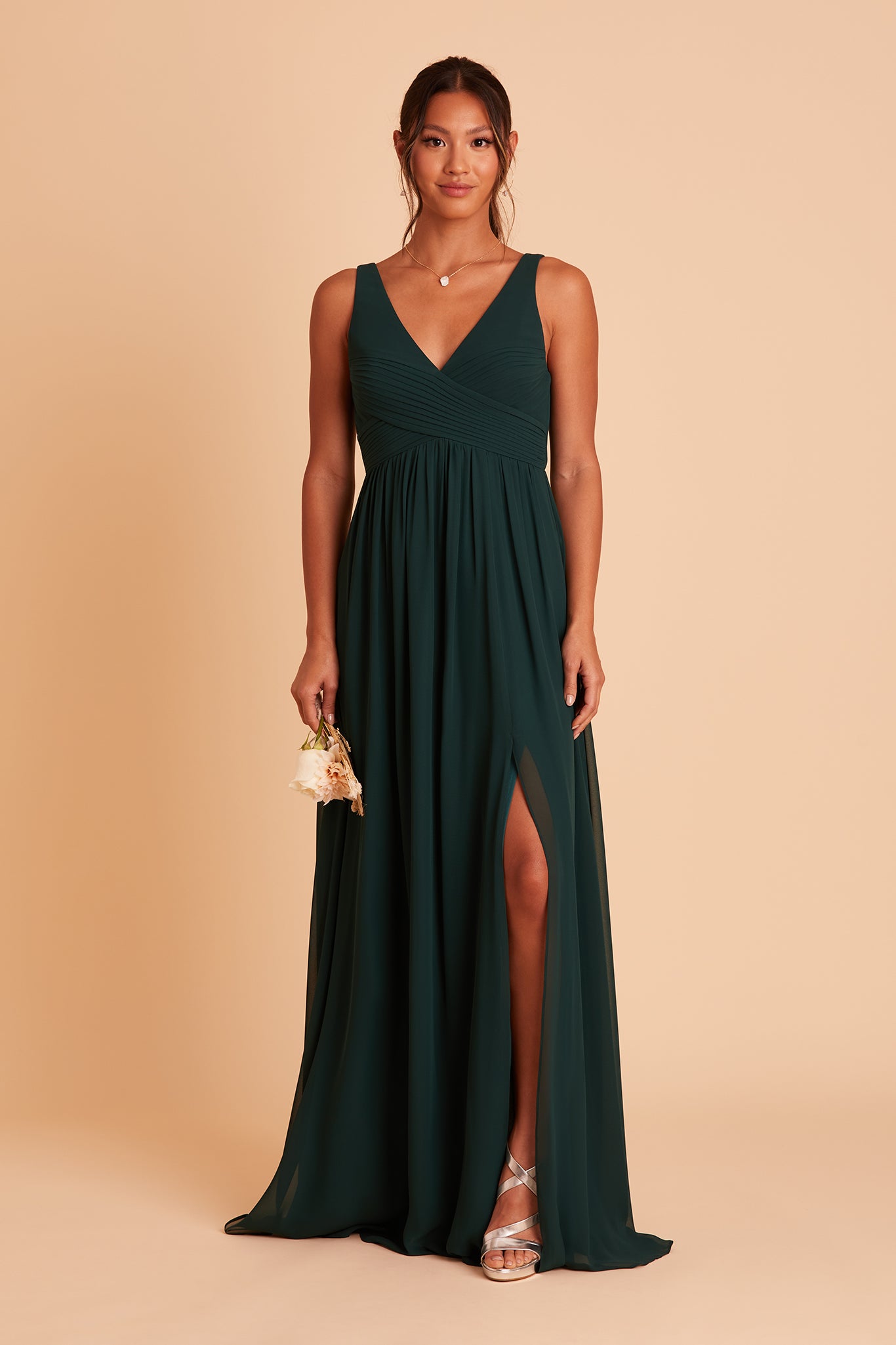Laurie Empire bridesmaid dress with slit in emerald chiffon by Birdy Grey, front view