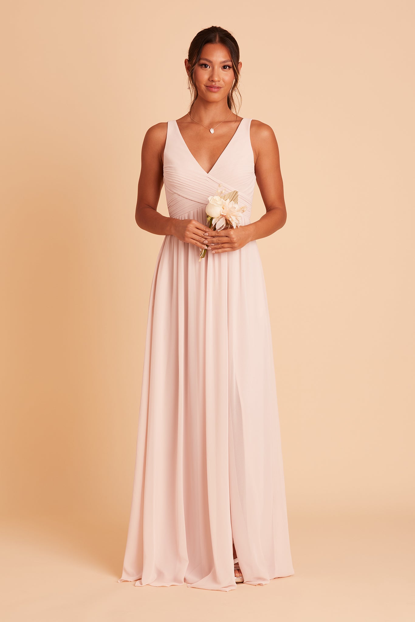 Laurie Empire bridesmaid dress with slit in pale blush chiffon by Birdy Grey, front view