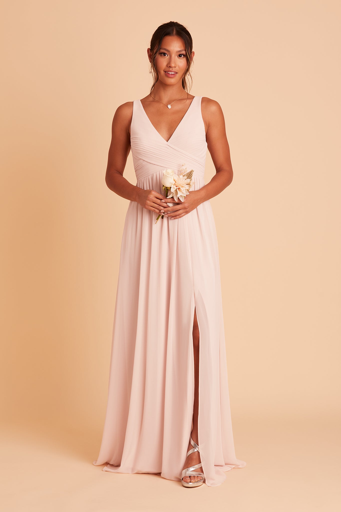 Laurie Empire bridesmaid dress with slit in pale blush chiffon by Birdy Grey, front view