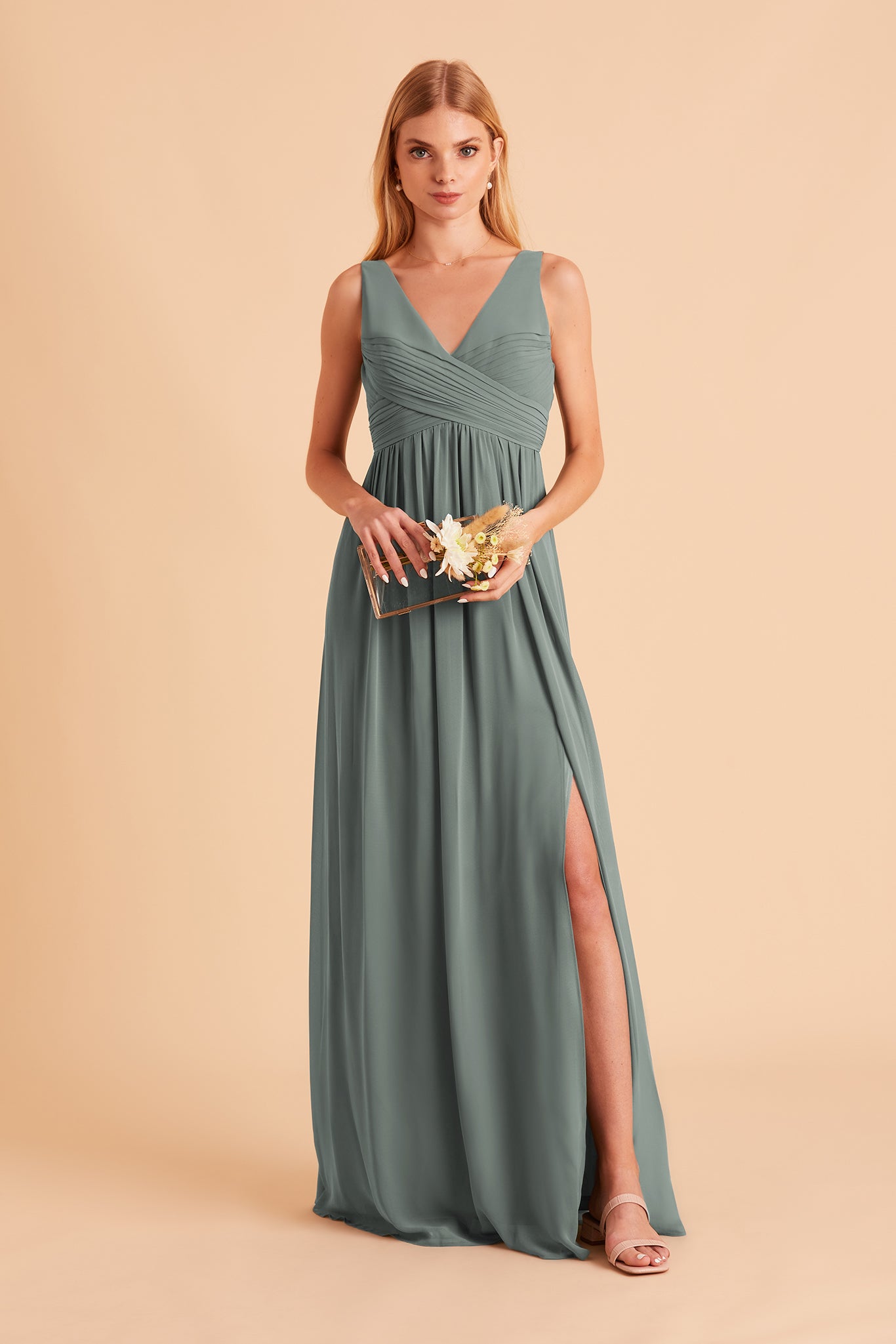 Laurie Empire bridesmaid dress with slit in sea glass chiffon by Birdy Grey, front view