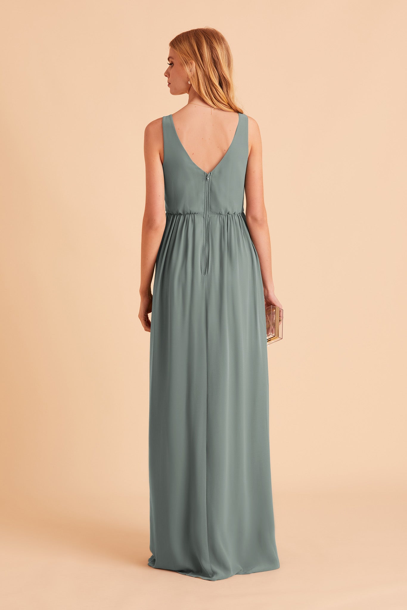 Laurie Empire bridesmaid dress with slit in sea glass chiffon by Birdy Grey, back view