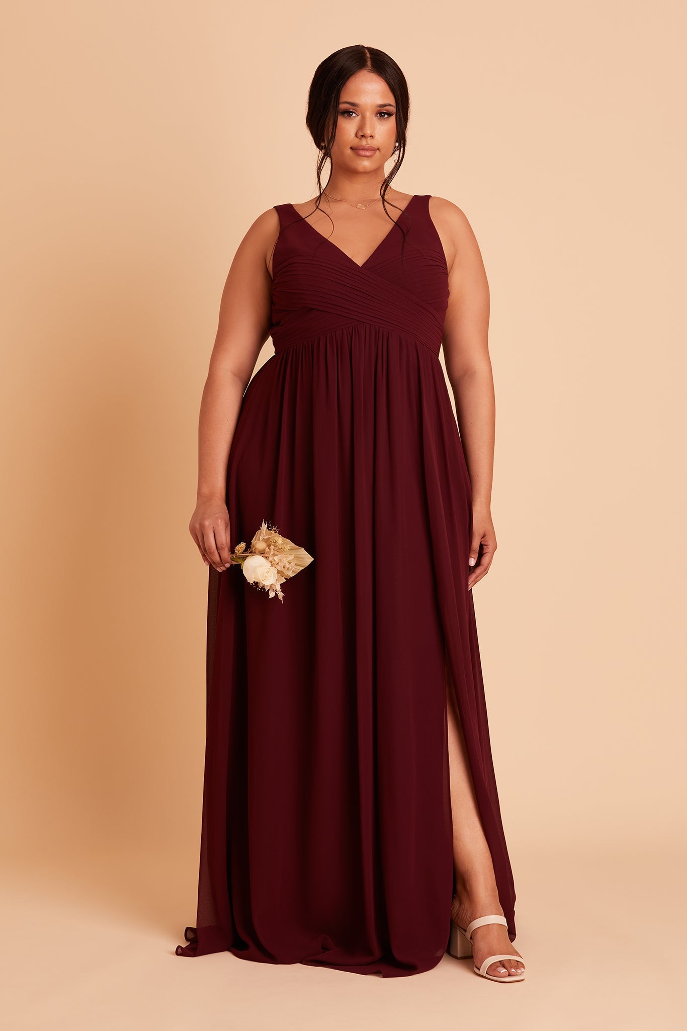 Laurie Empire plus size maternity bridesmaid dress with slit in cabernet chiffon by Birdy Grey, front view