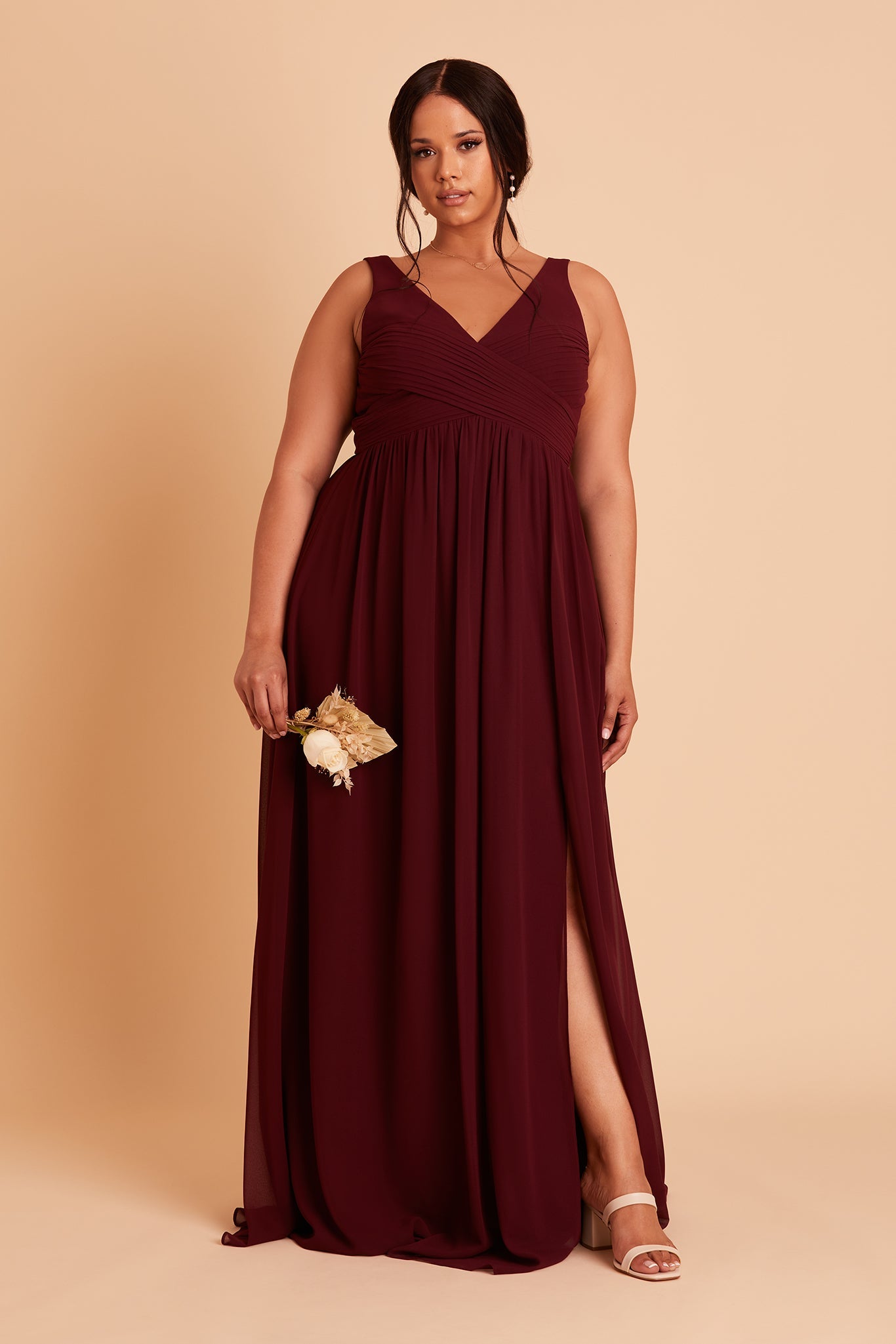 Laurie Empire plus size maternity bridesmaid dress with slit in cabernet chiffon by Birdy Grey, front view