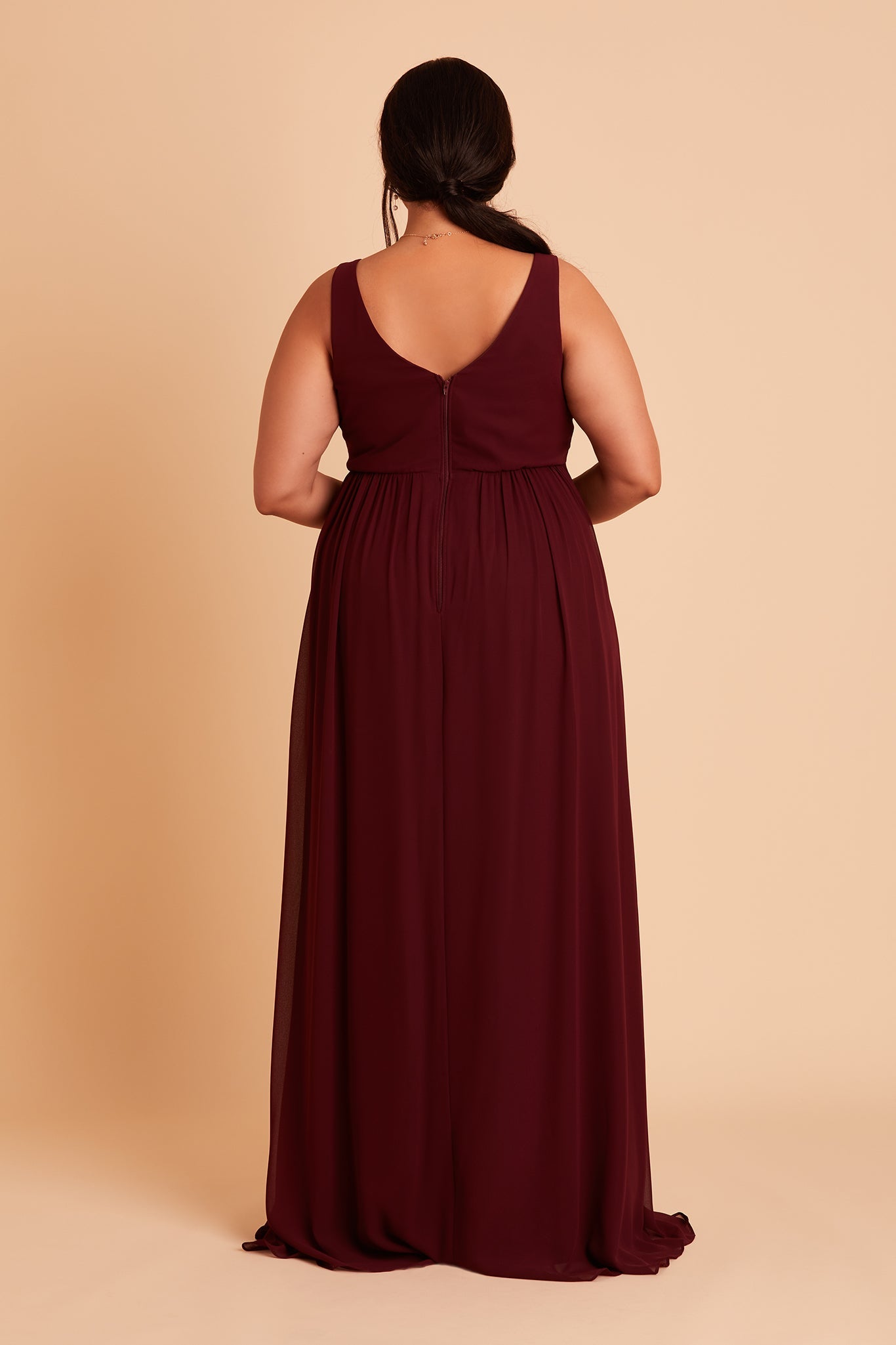 Laurie Empire plus size maternity bridesmaid dress with slit in cabernet chiffon by Birdy Grey, back view