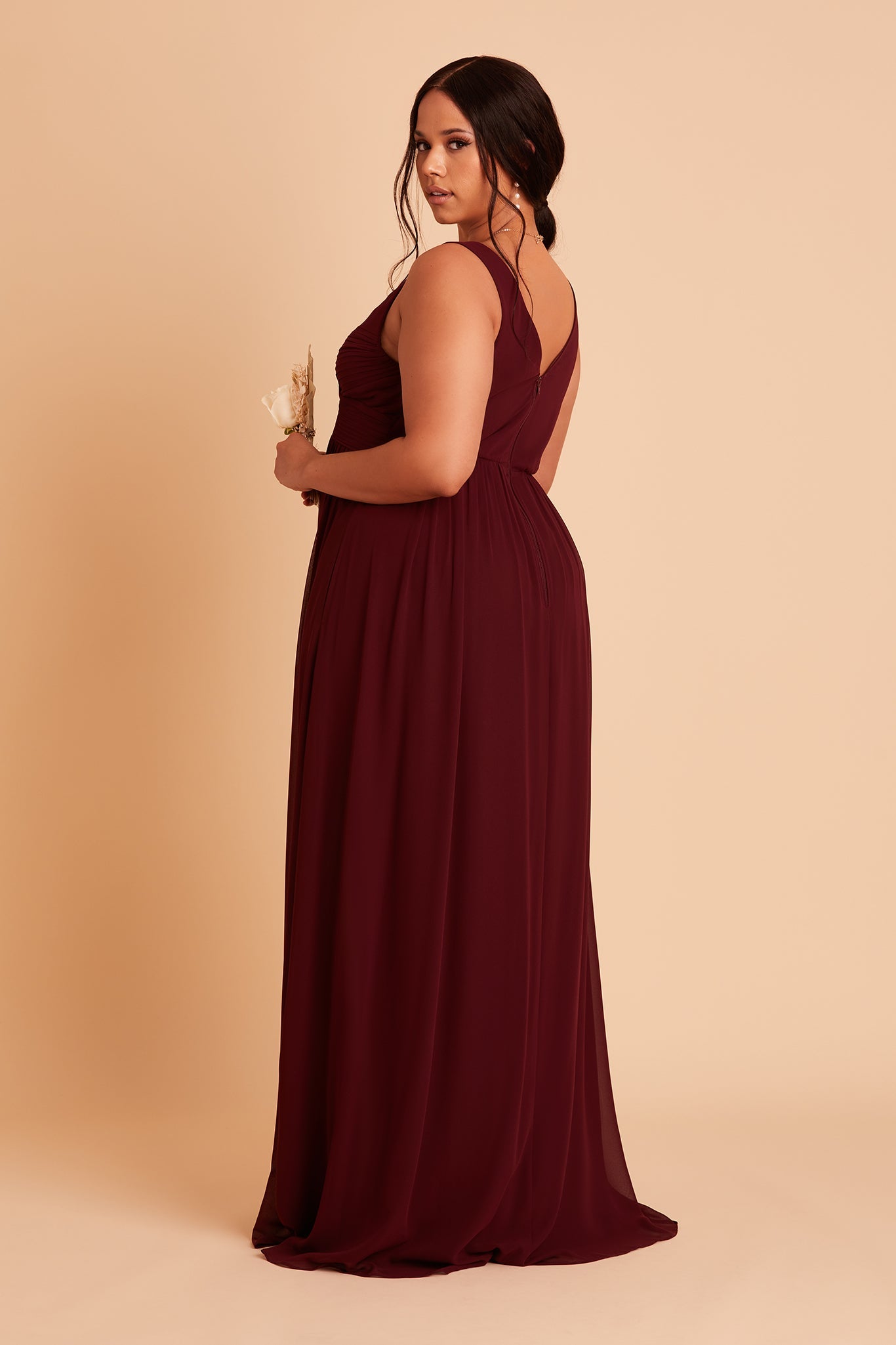Laurie Empire plus size maternity bridesmaid dress with slit in cabernet chiffon by Birdy Grey, side view