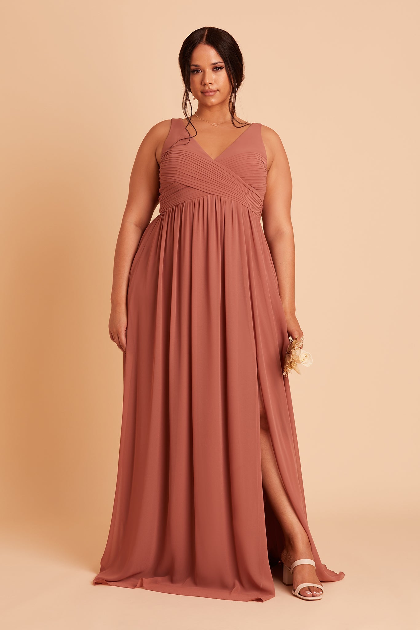 Laurie Empire plus size maternity bridesmaid dress with slit in desert rose chiffon by Birdy Grey, front view