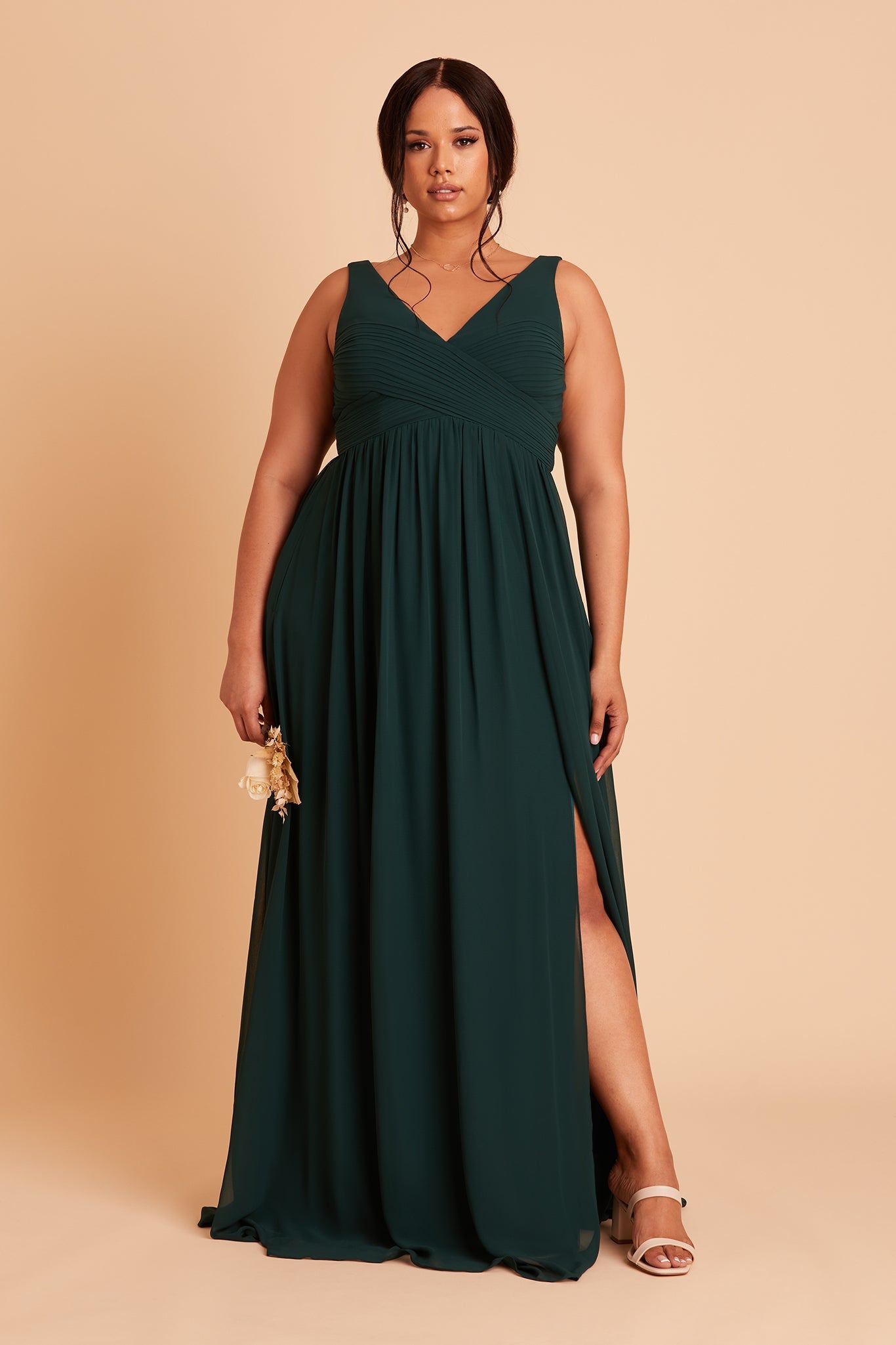 Laurie Empire plus size maternity bridesmaid dress with slit in emerald chiffon by Birdy Grey, front view