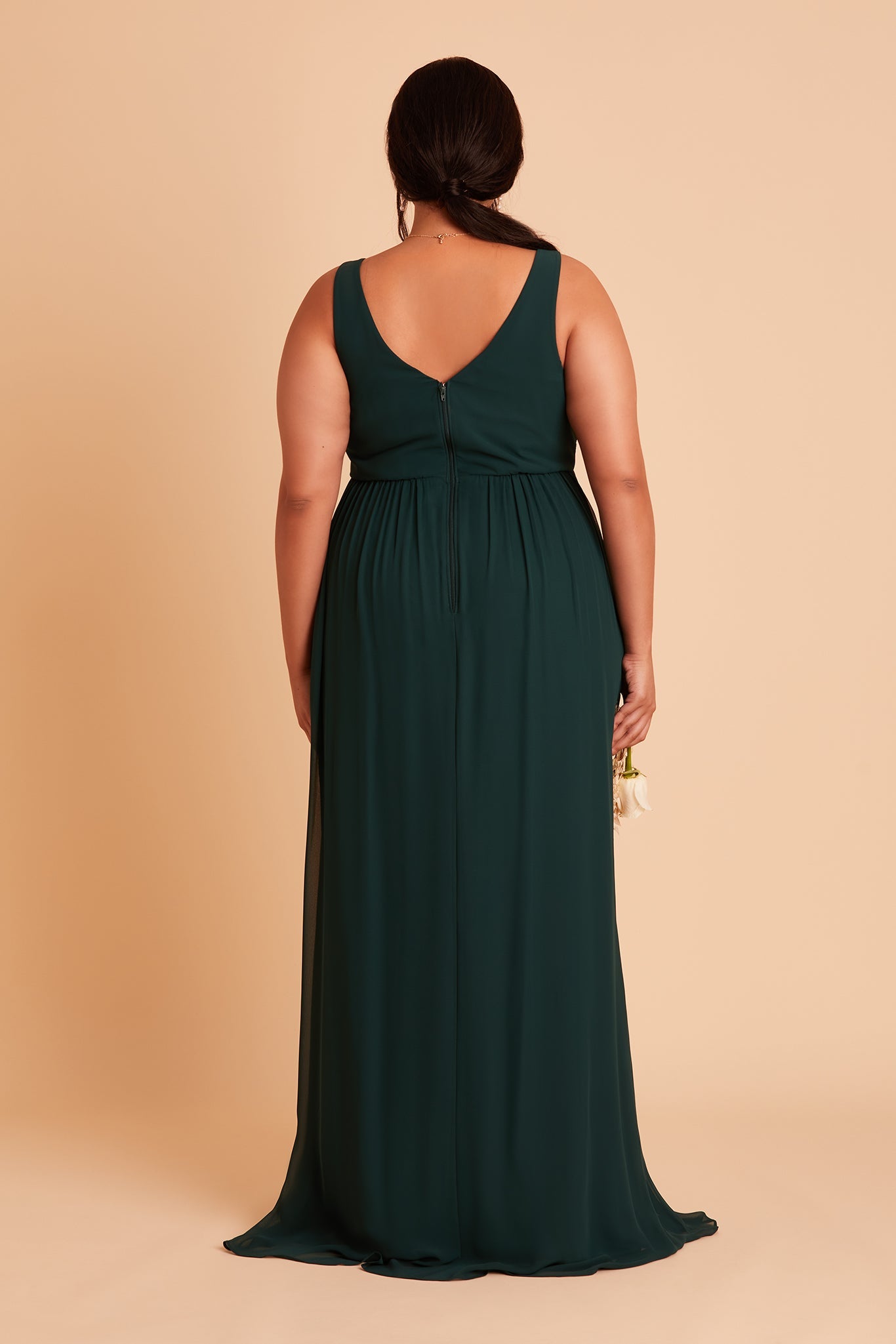 Laurie Empire plus size maternity bridesmaid dress with slit in emerald chiffon by Birdy Grey, back view