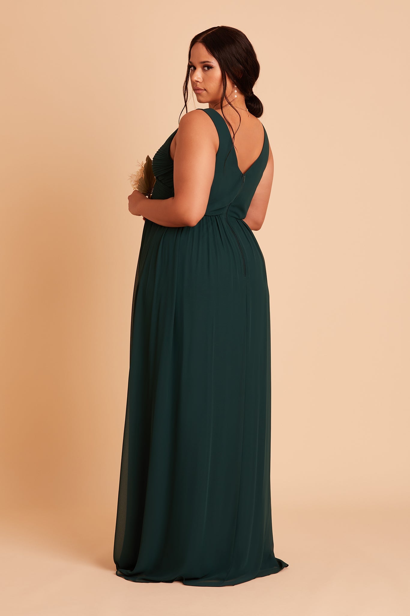 Laurie Empire plus size maternity bridesmaid dress with slit in emerald chiffon by Birdy Grey, side  view