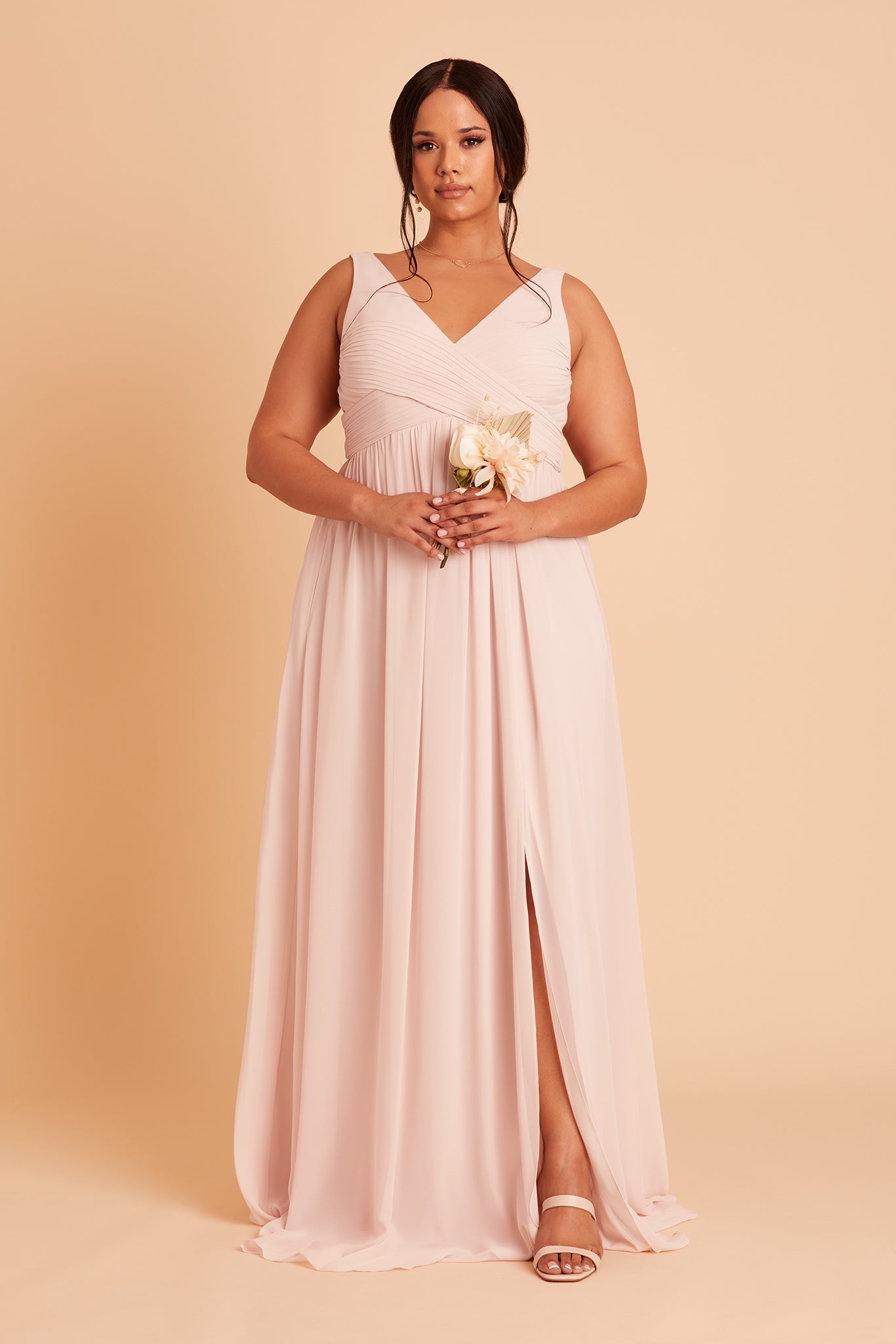 Laurie Empire plus size maternity bridesmaid dress with slit in pale blush chiffon by Birdy Grey, front view