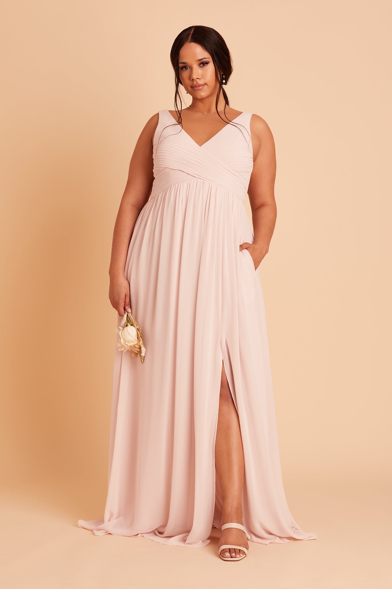 Laurie Empire plus size maternity bridesmaid dress with slit in pale blush chiffon by Birdy Grey, front view