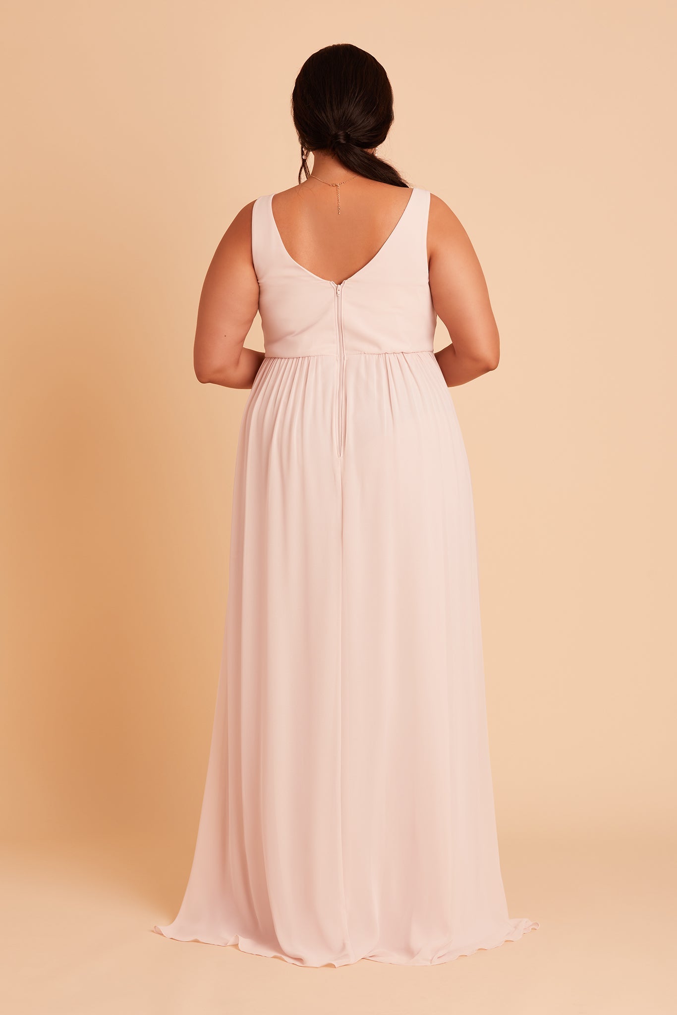 Laurie Empire plus size maternity bridesmaid dress with slit in pale blush chiffon by Birdy Grey, back view