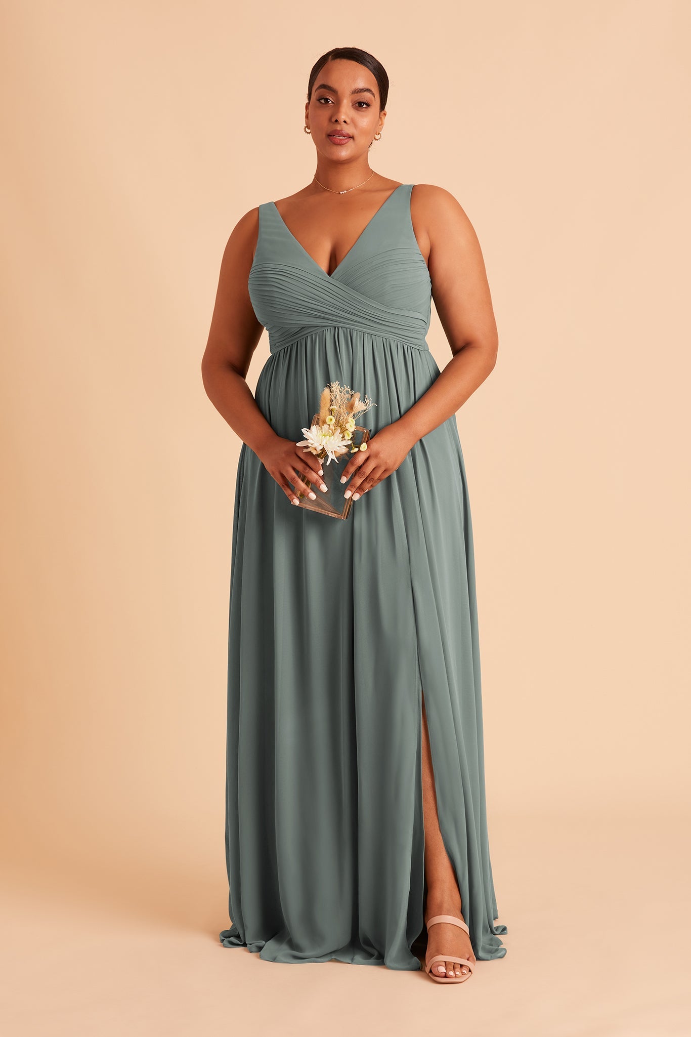 Laurie Empire plus size maternity bridesmaid dress with slit in sea glass chiffon by Birdy Grey, front view
