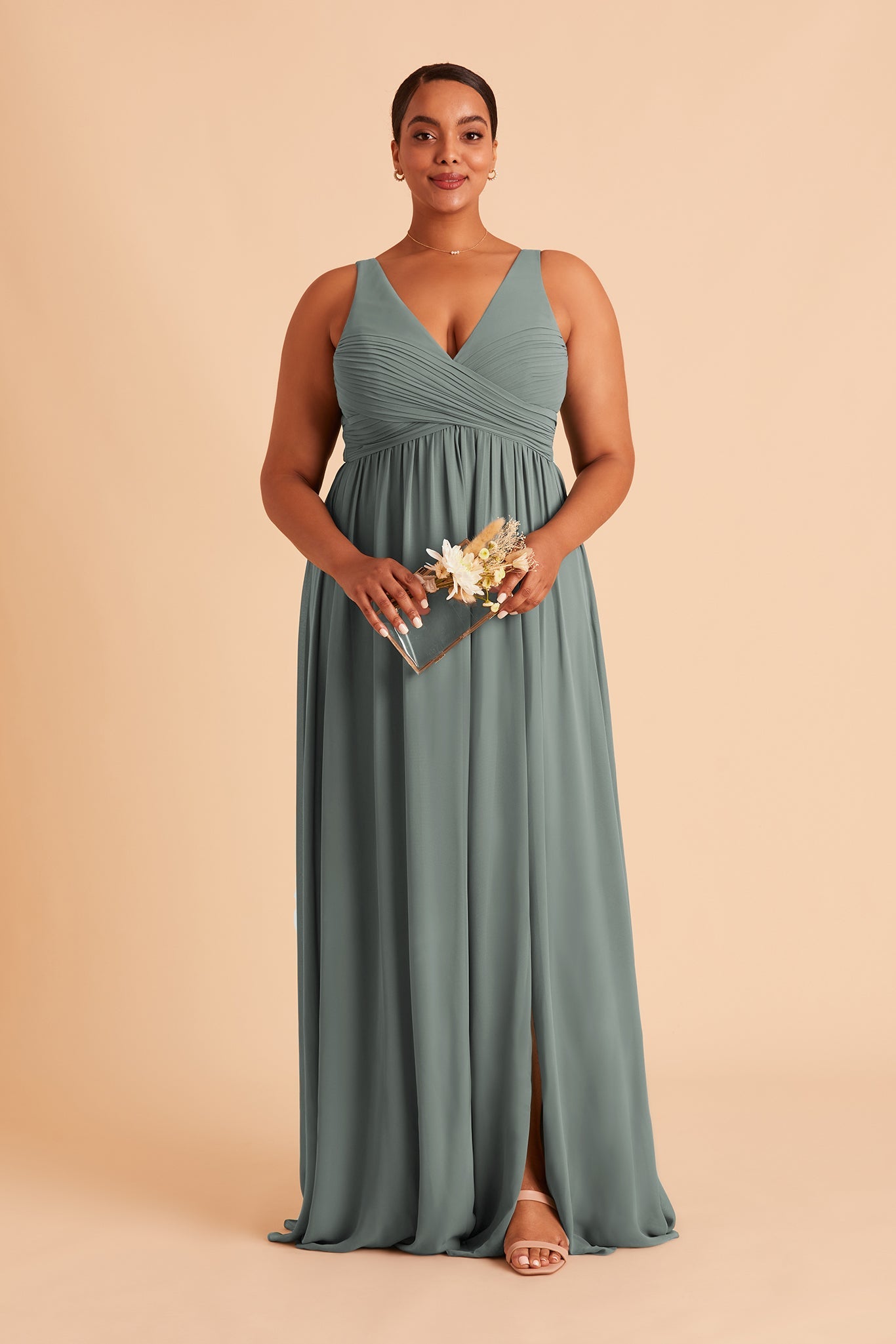 Laurie Empire plus size maternity bridesmaid dress with slit in sea glass chiffon by Birdy Grey, front view