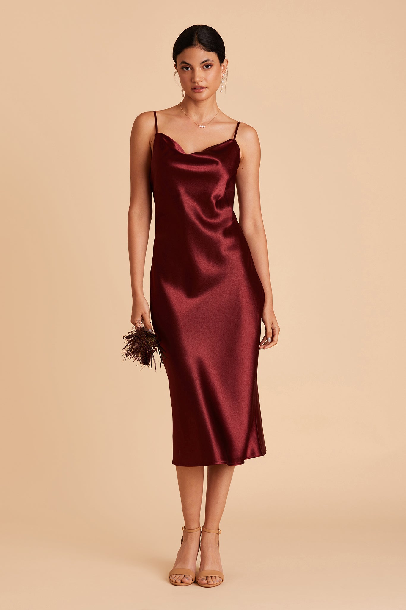 Lisa midi bridesmaid dress in cabernet satin by Birdy Grey, front view