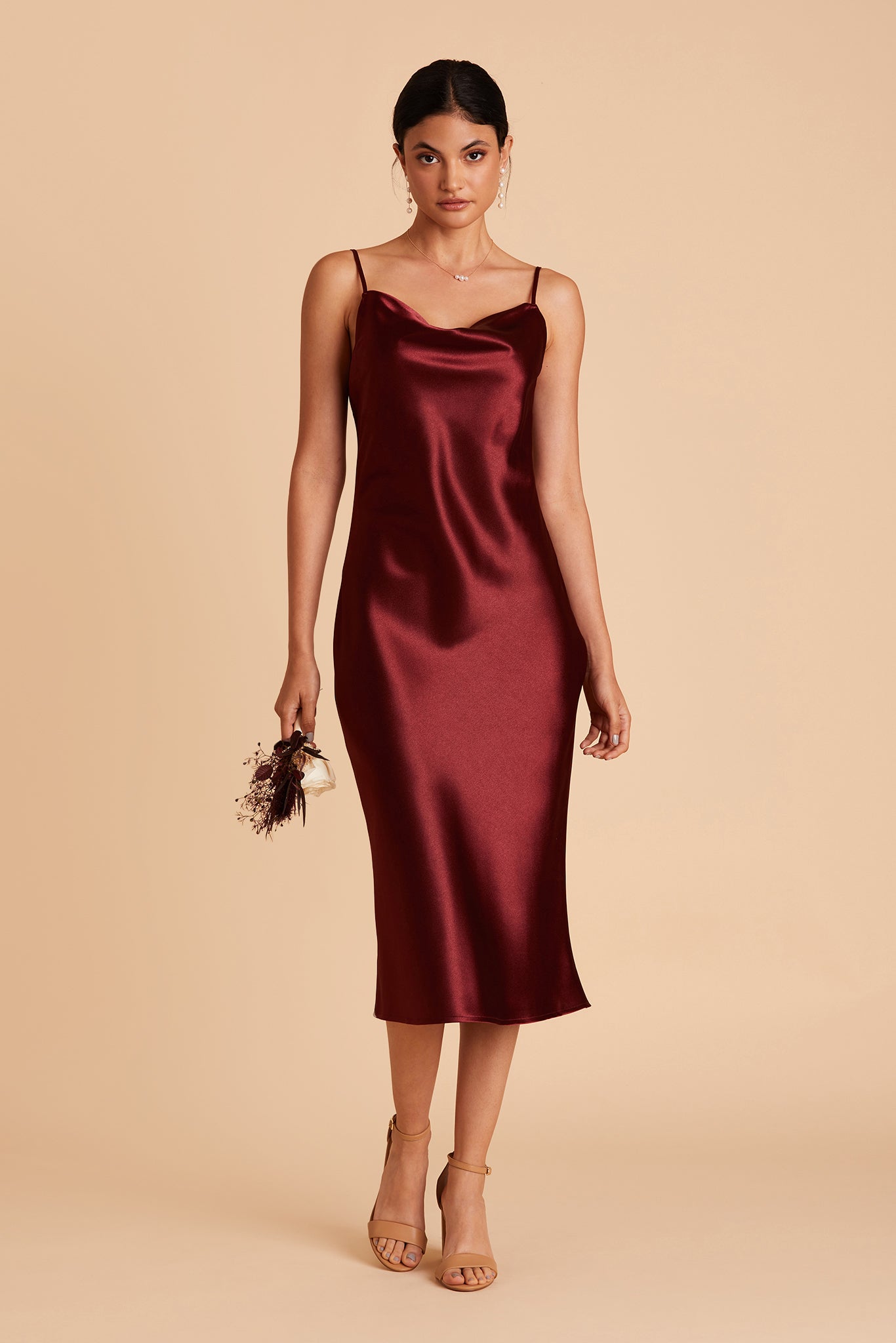 Lisa midi bridesmaid dress in cabernet satin by Birdy Grey, front view
