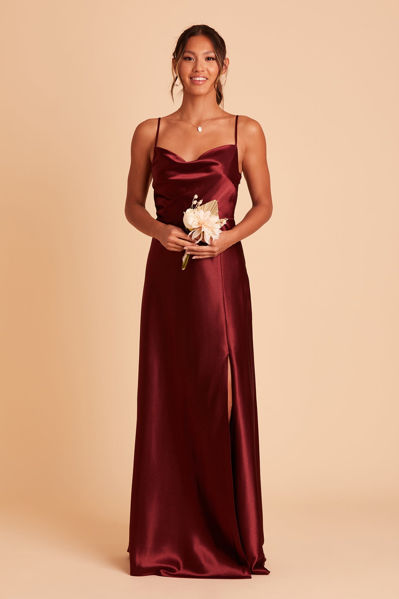 Lisa long bridesmaid dress with slit in cabernet satin by Birdy Grey, front view