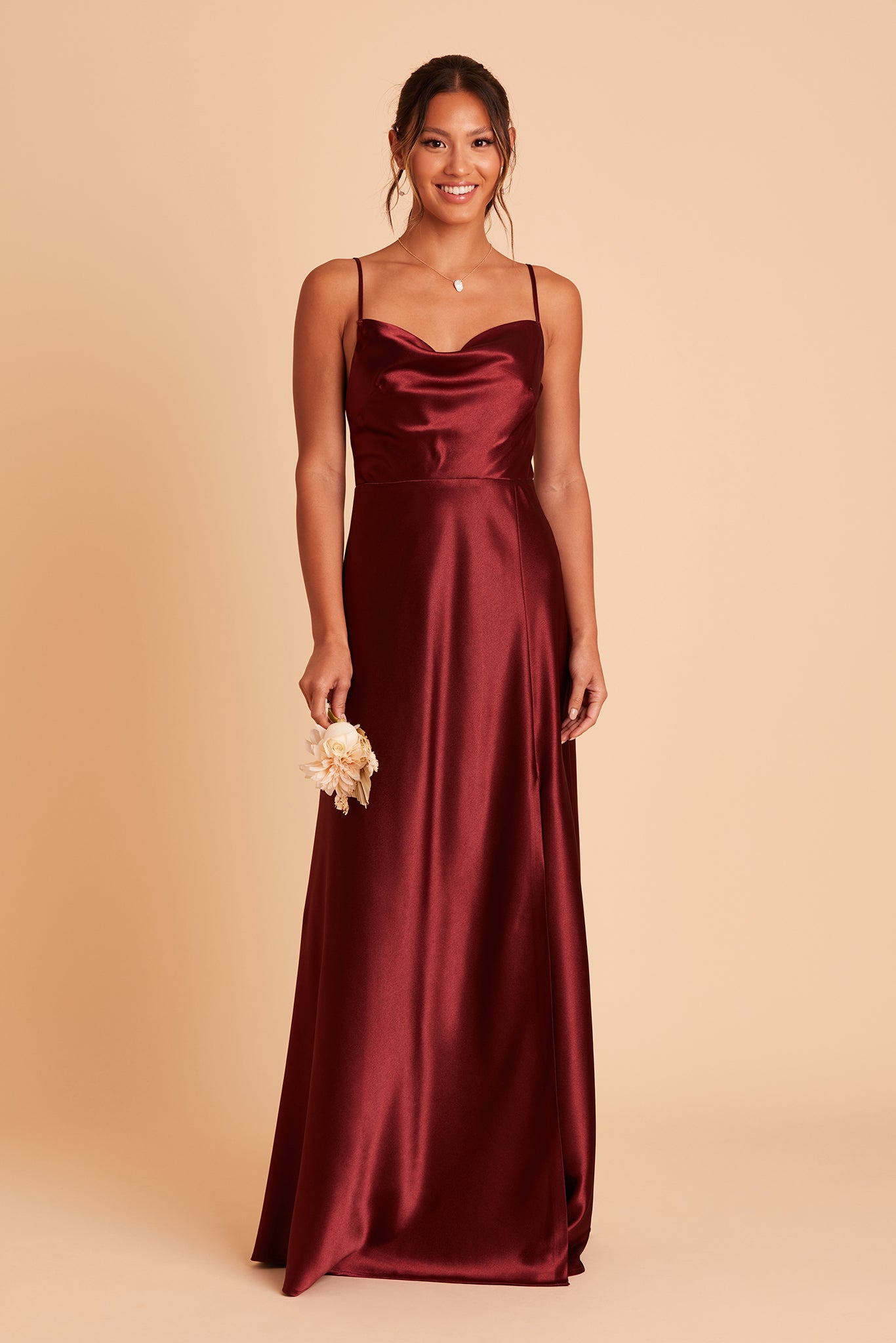 Lisa long bridesmaid dress with slit in cabernet satin by Birdy Grey, front view