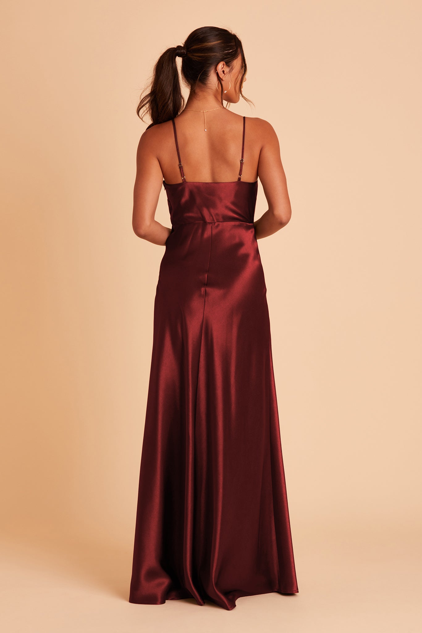 Lisa long bridesmaid dress with slit in cabernet satin by Birdy Grey, back view