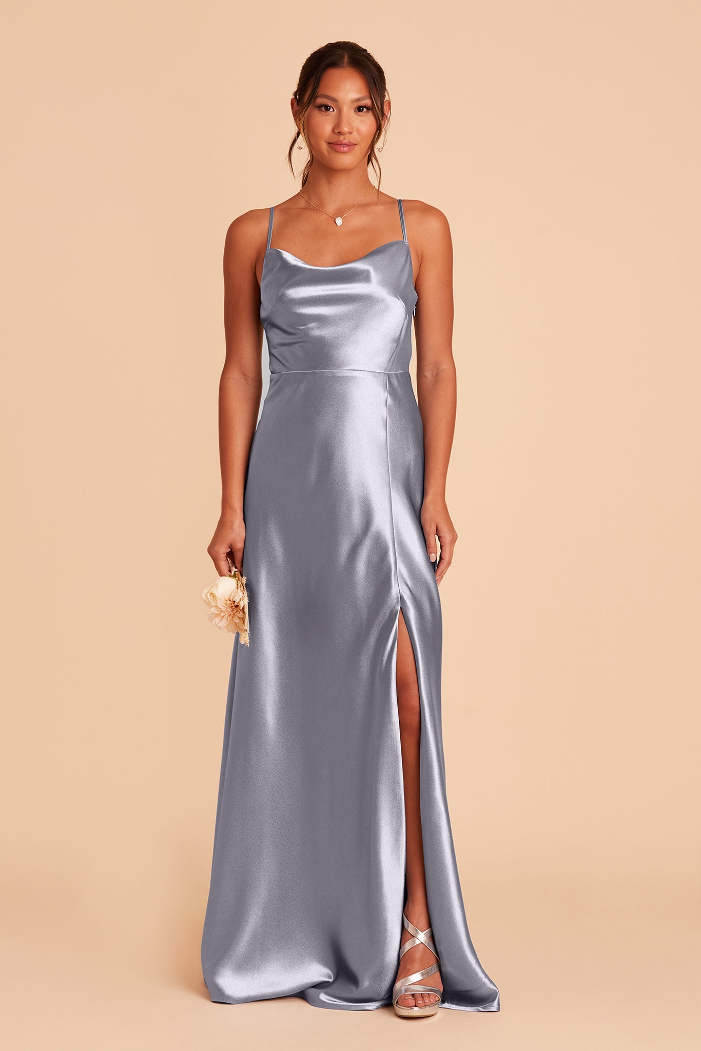 Lisa long bridesmaid dress with slit in Dusty Blue satin by Birdy Grey, front view