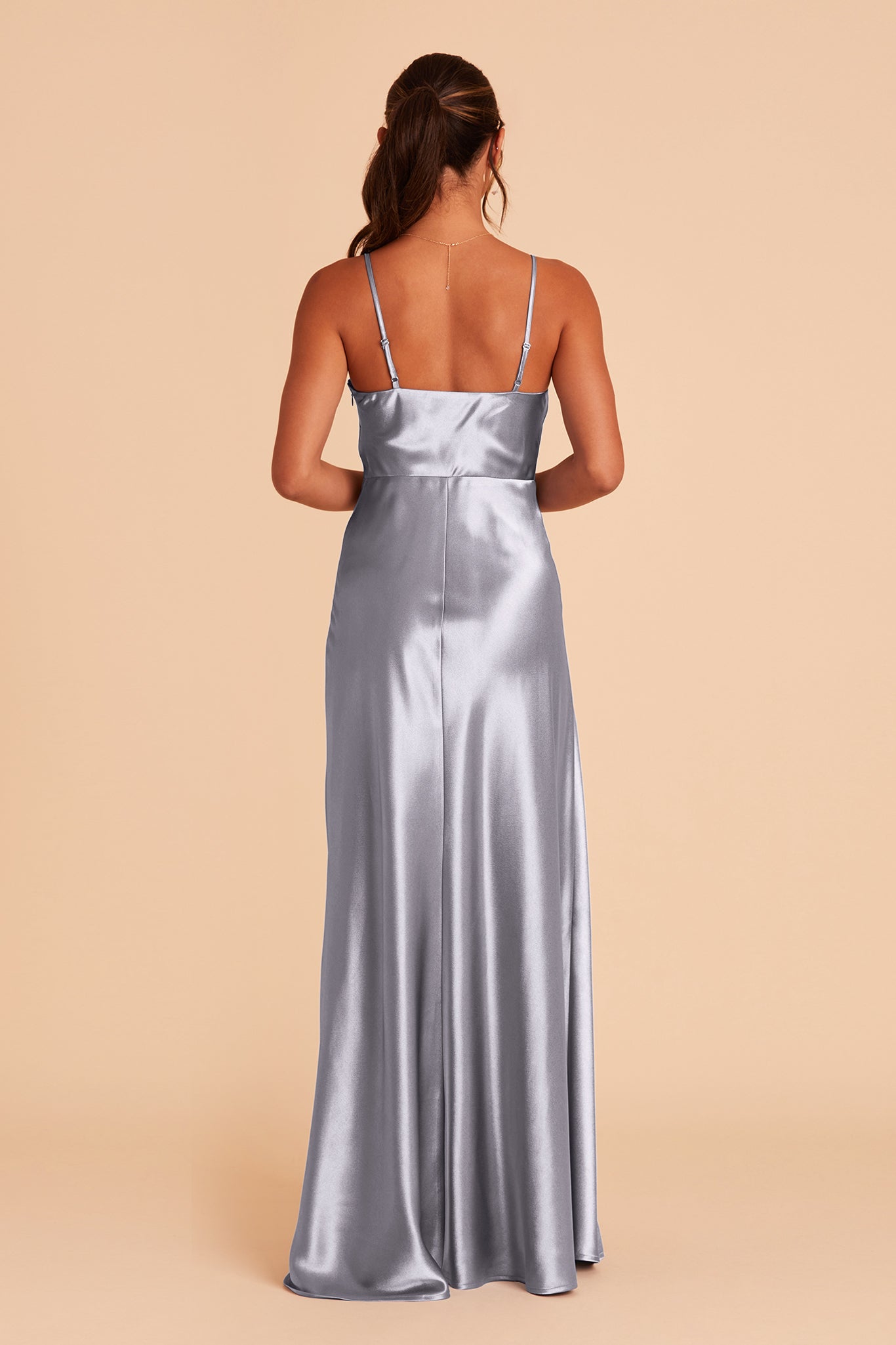 Lisa long bridesmaid dress with slit in Dusty Blue satin by Birdy Grey, back view