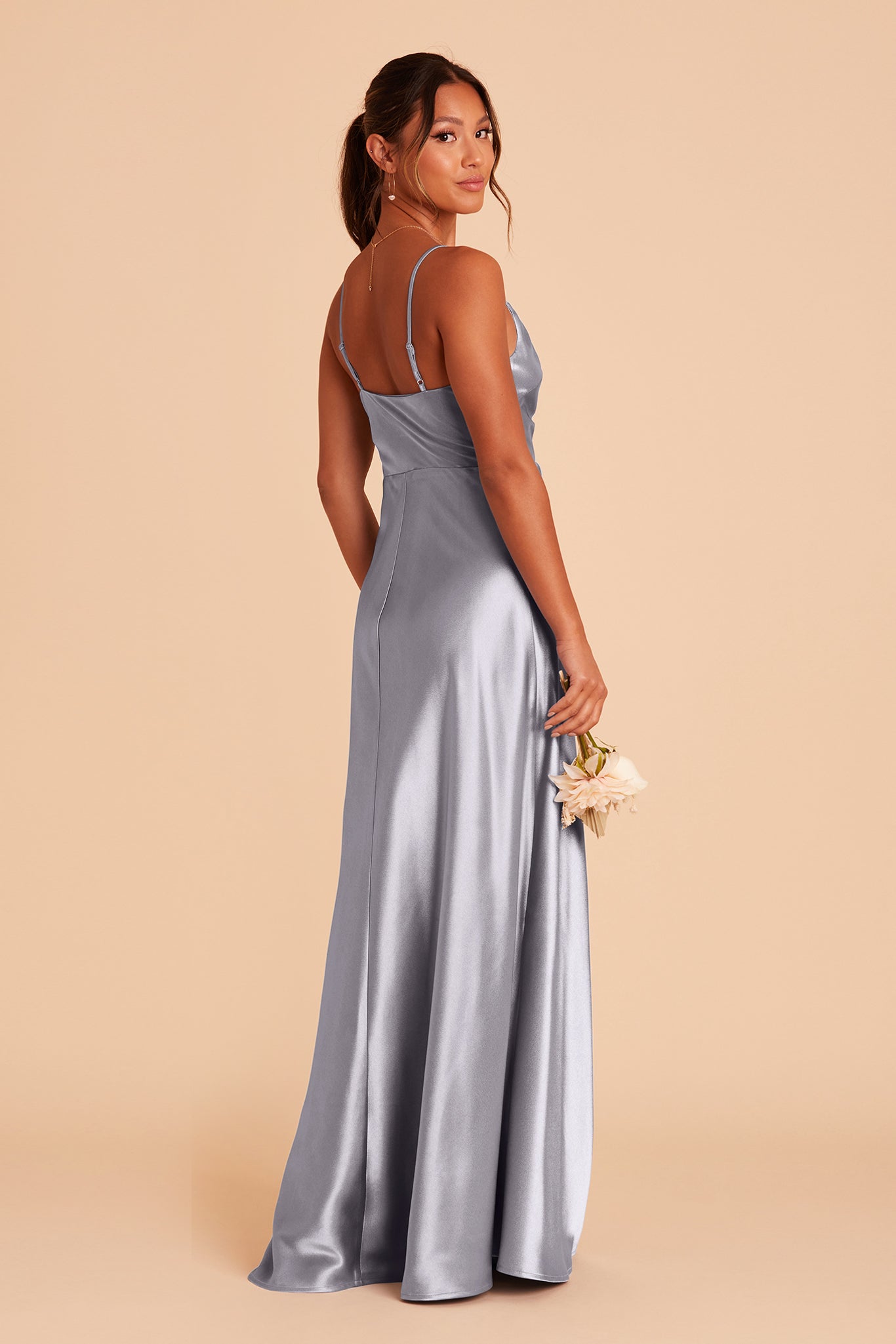 Lisa long bridesmaid dress with slit in Dusty Blue satin by Birdy Grey, side view